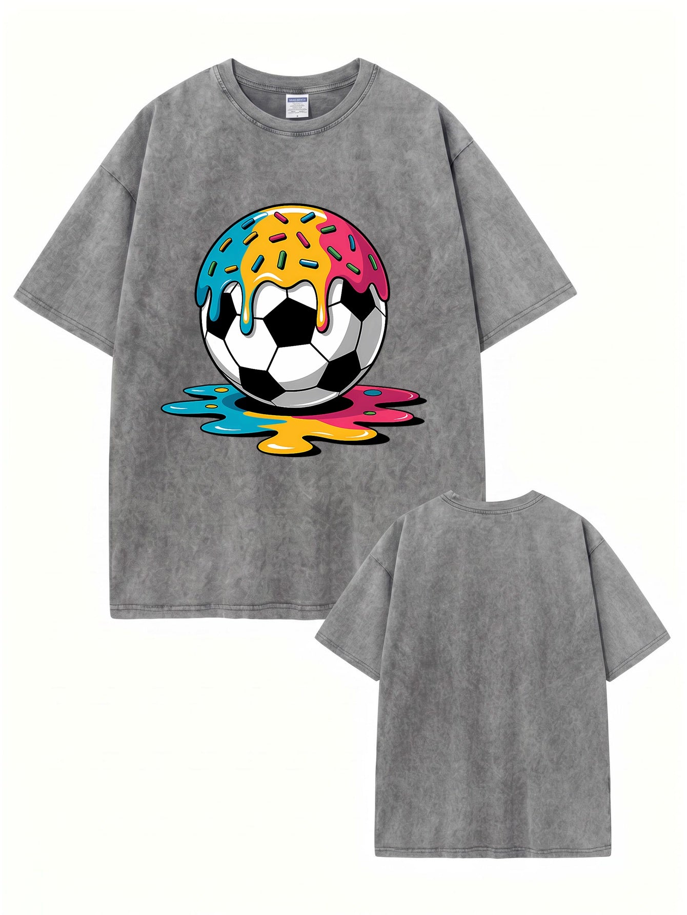 Vintage Washed Oversized T-Shirt with Melting Donut Soccer Ball Graphic