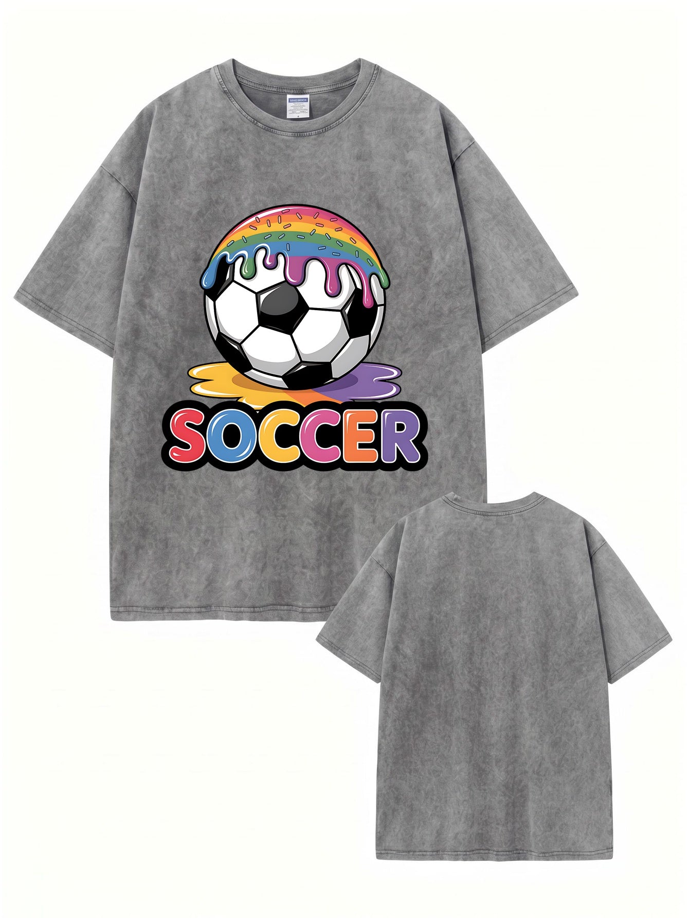 Vintage Washed Rainbow Drip Soccer Graphic T-Shirt