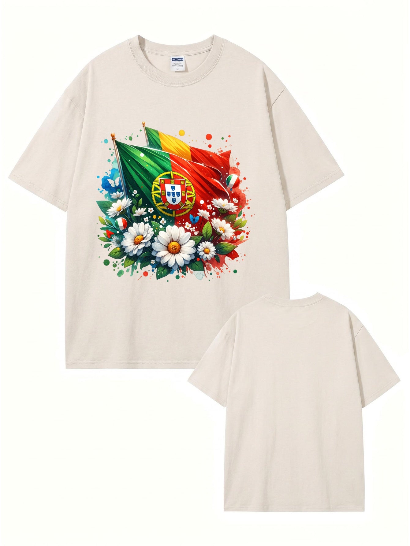Vintage Washed Portugal Flag Floral Print Heavyweight Cotton Tee
