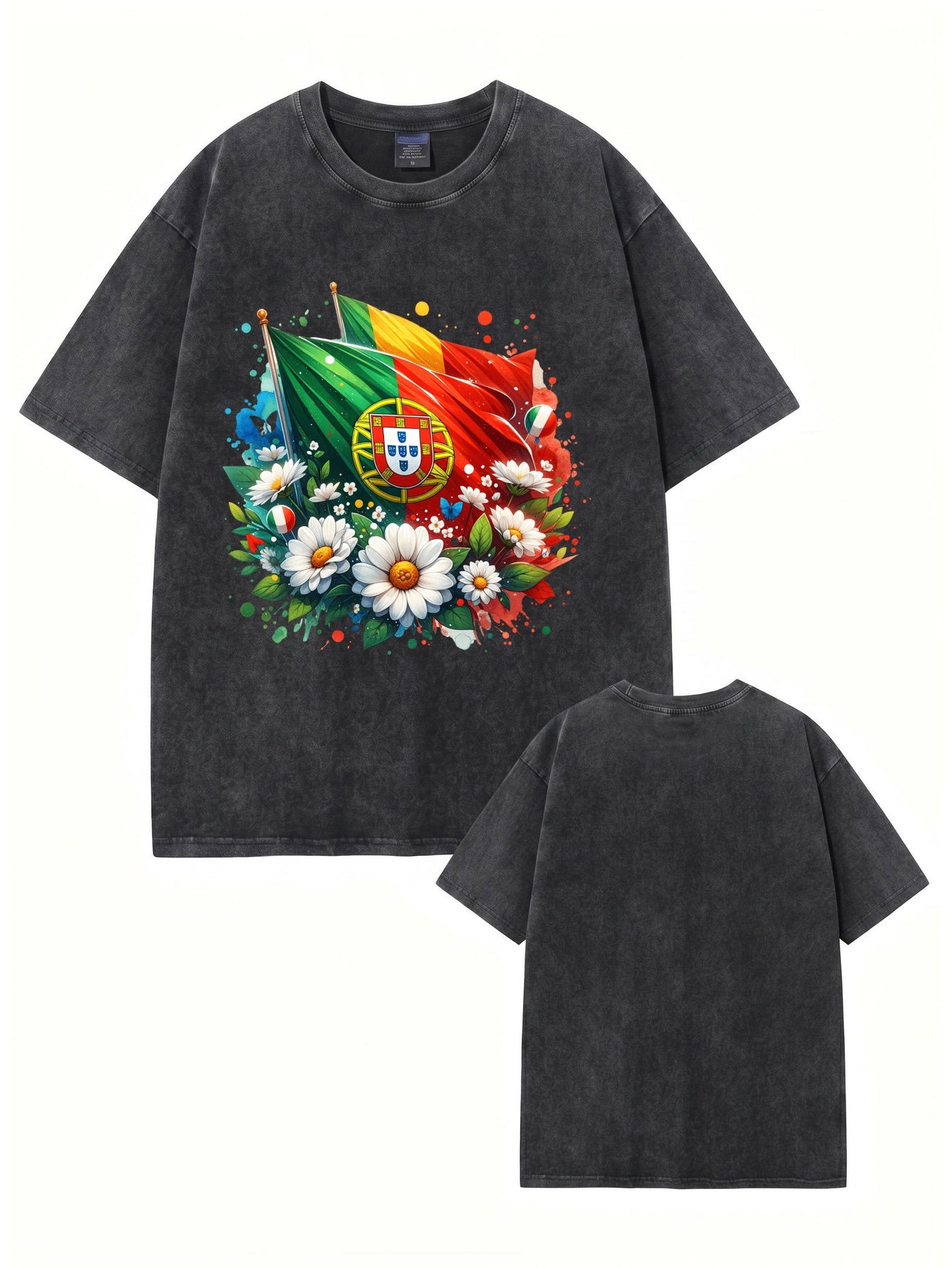Vintage Washed Portugal Flag Floral Print Heavyweight Cotton Tee