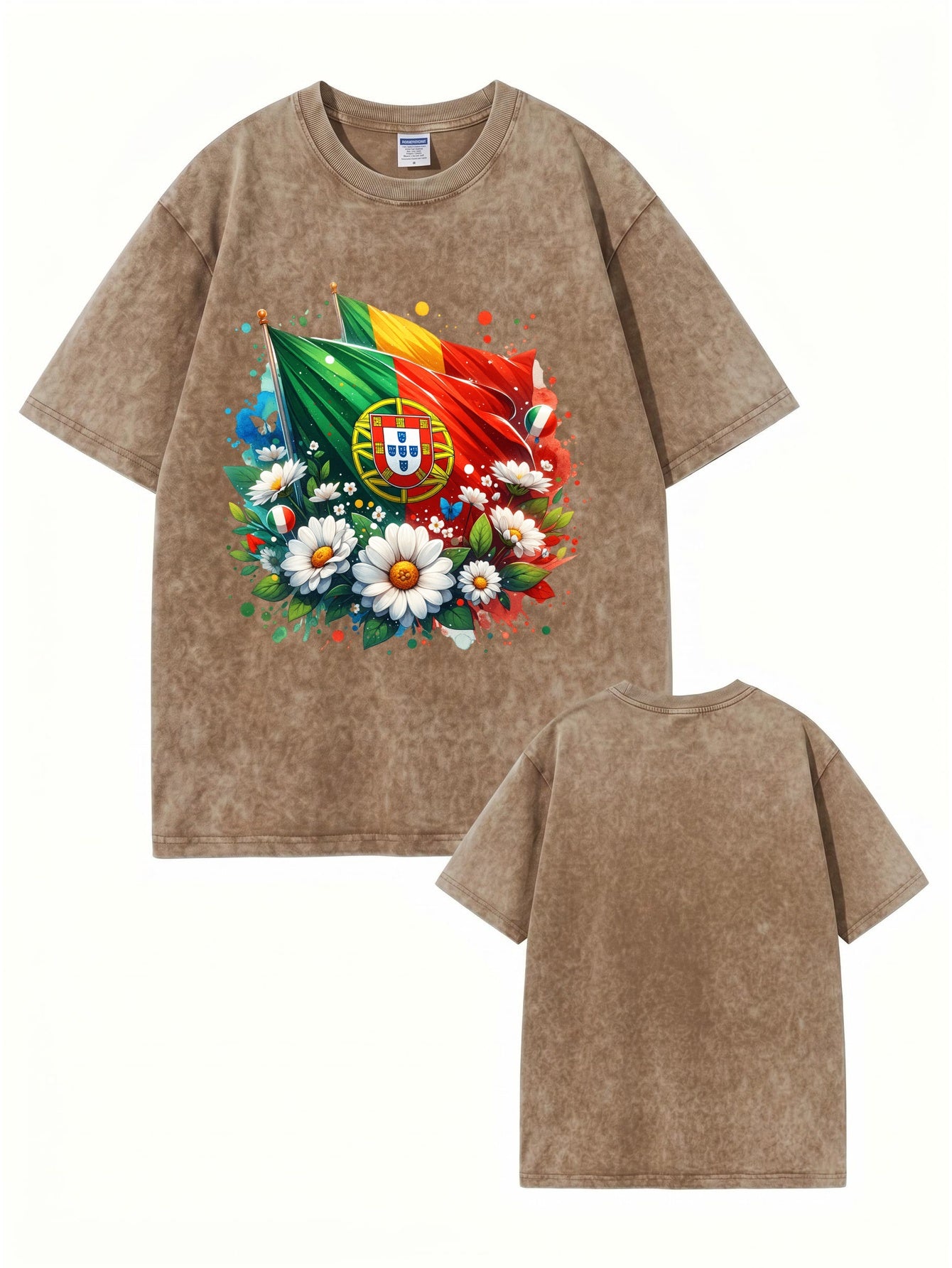 Vintage Washed Portugal Flag Floral Print Heavyweight Cotton Tee