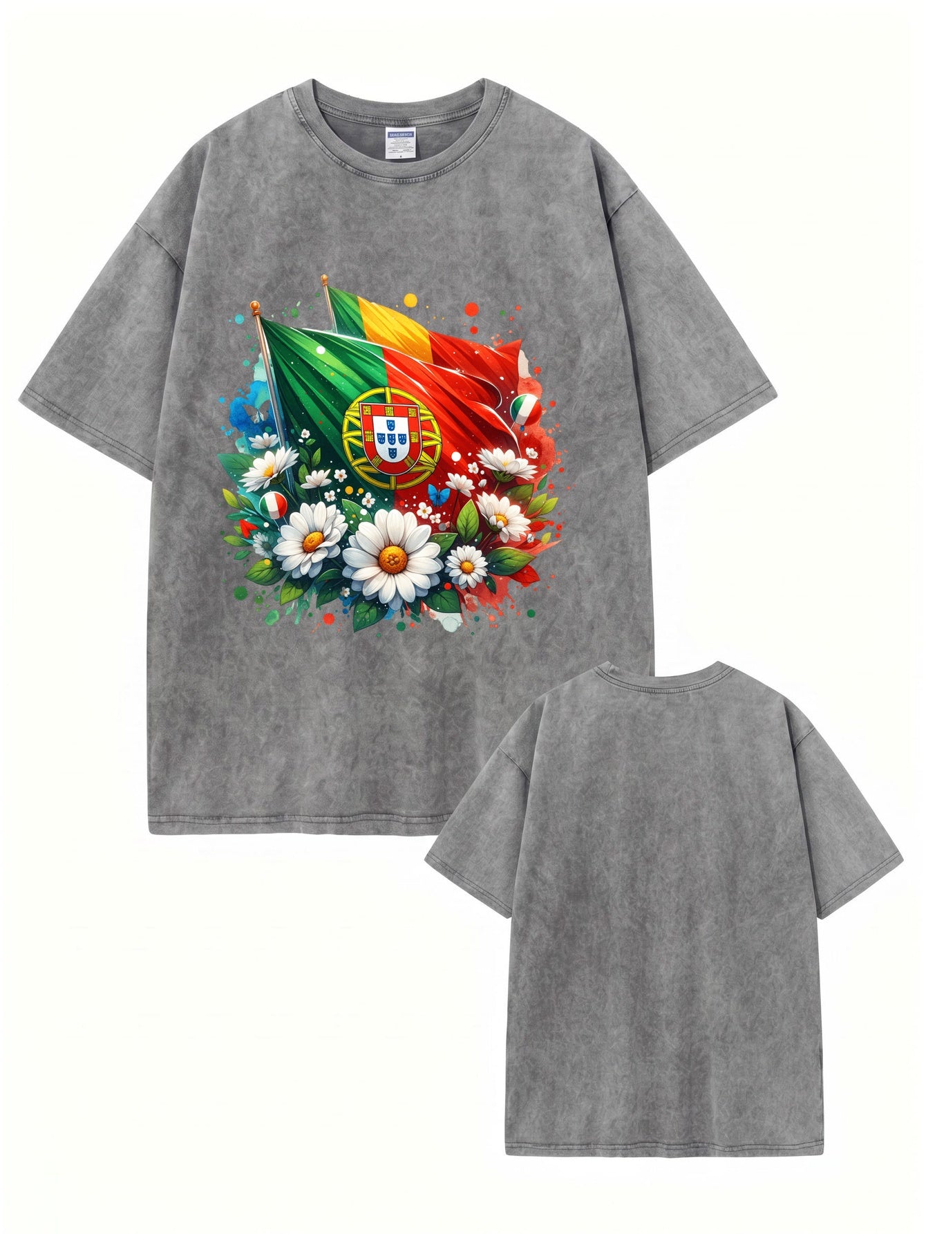 Vintage Washed Portugal Flag Floral Print Heavyweight Cotton Tee
