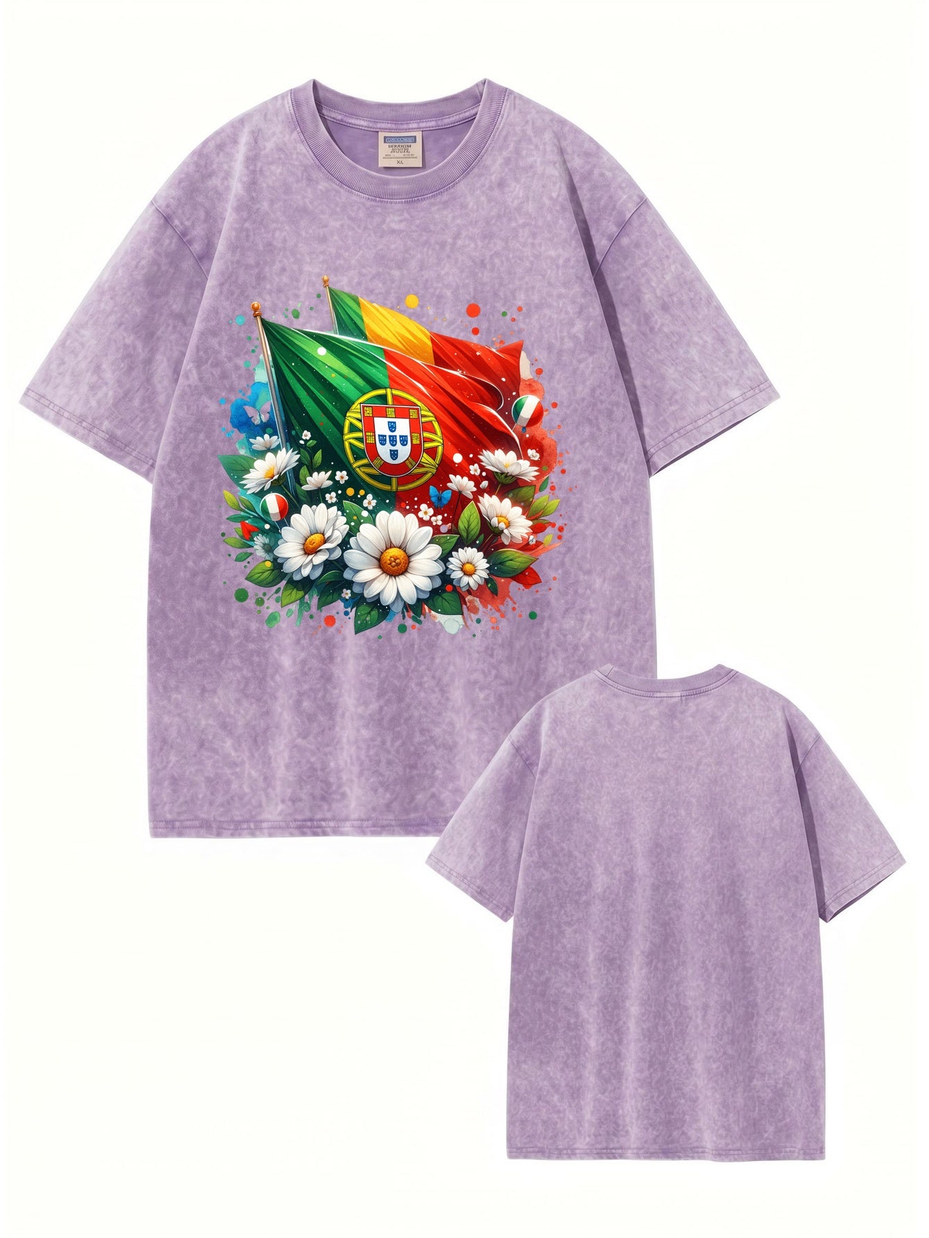 Vintage Washed Portugal Flag Floral Print Heavyweight Cotton Tee