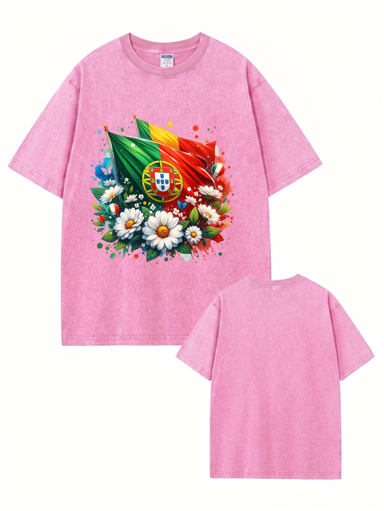 Vintage Washed Portugal Flag Floral Print Heavyweight Cotton Tee
