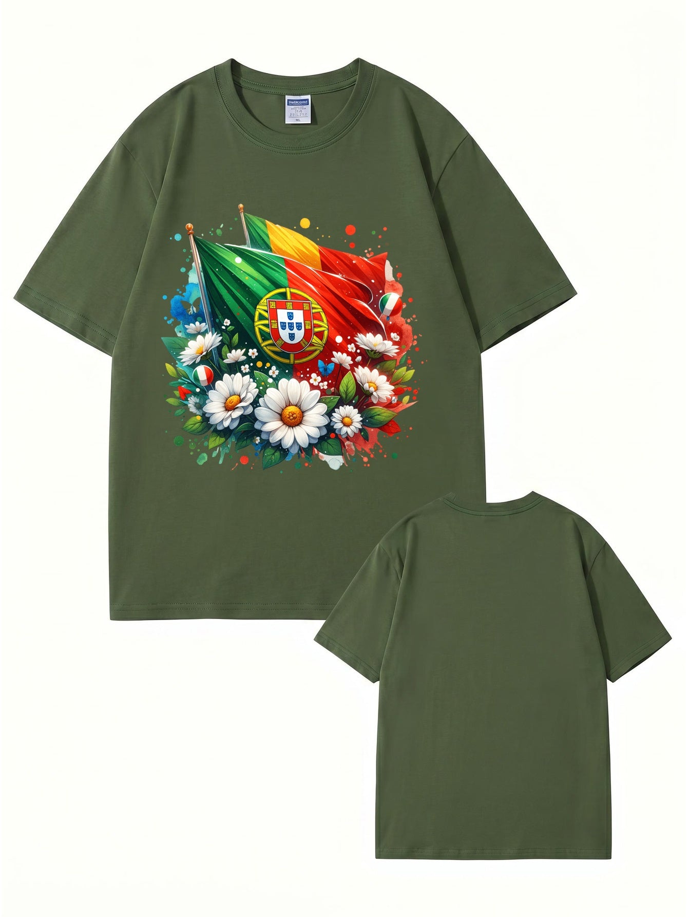 Portugal Flag & Floral Graphic Print Cotton T-Shirt