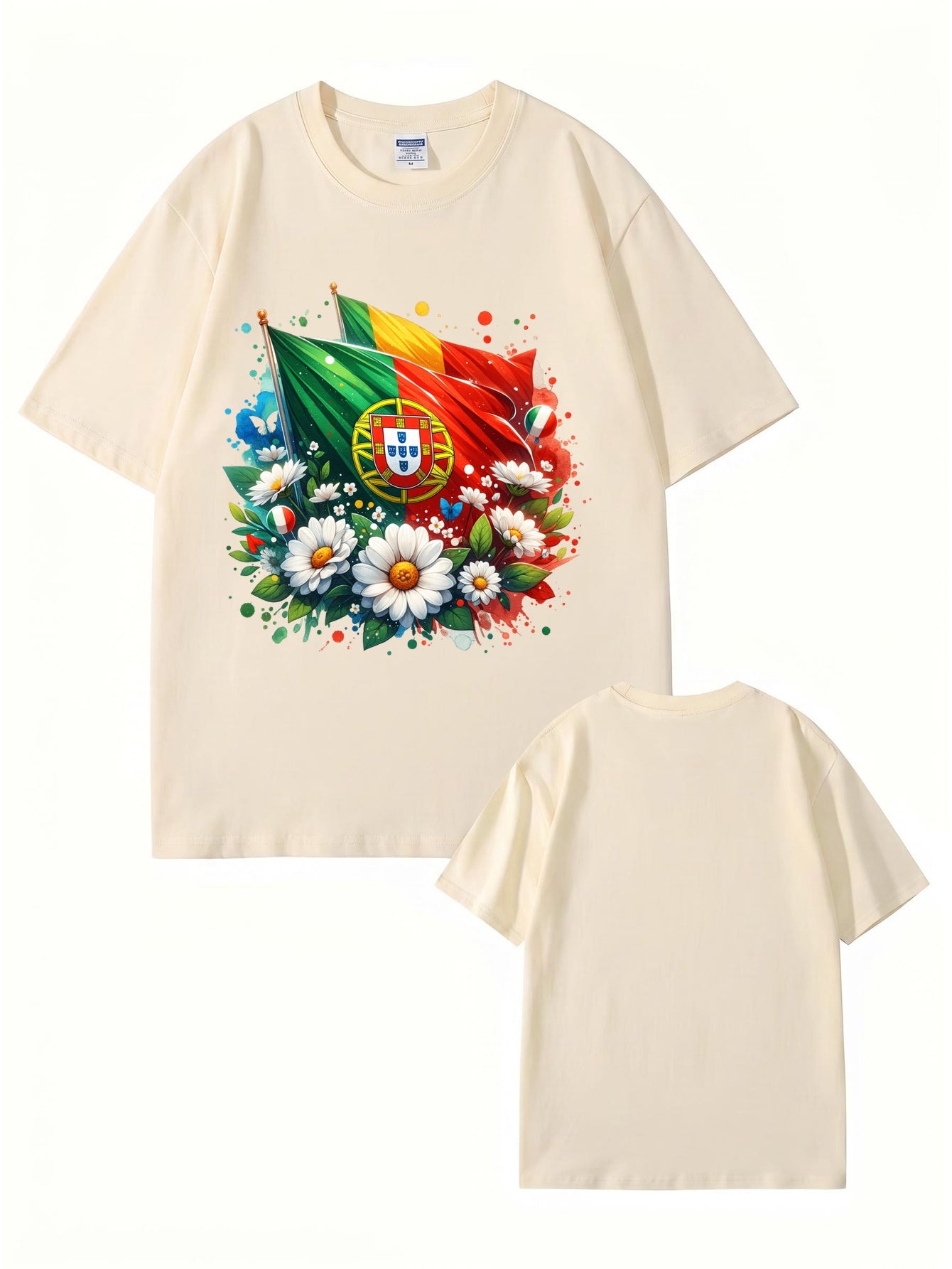 Portugal Flag & Floral Graphic Print Cotton T-Shirt