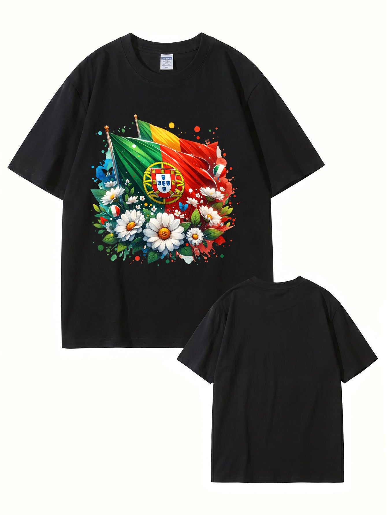 Portugal Flag & Floral Graphic Print Cotton T-Shirt