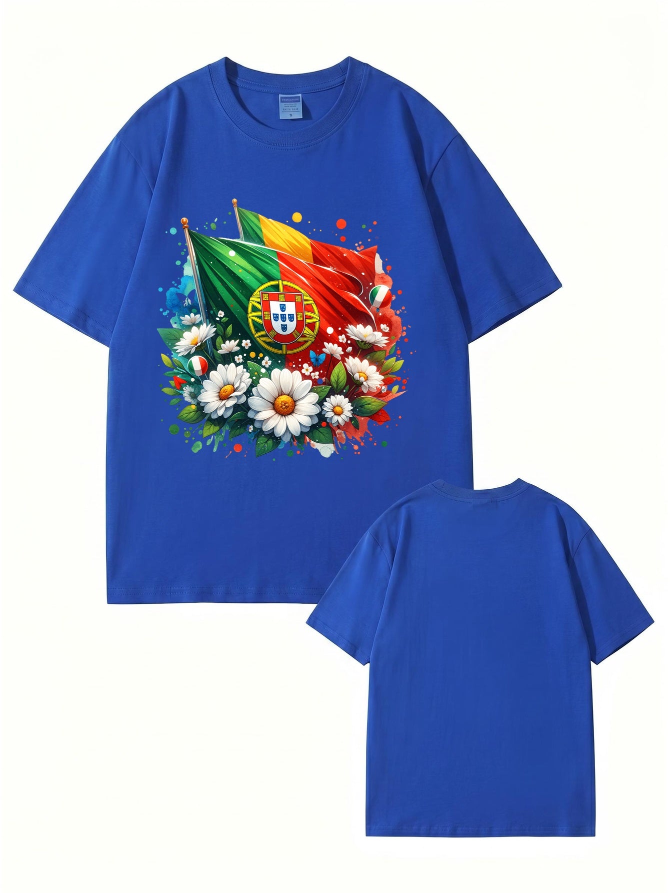 Portugal Flag & Floral Graphic Print Cotton T-Shirt