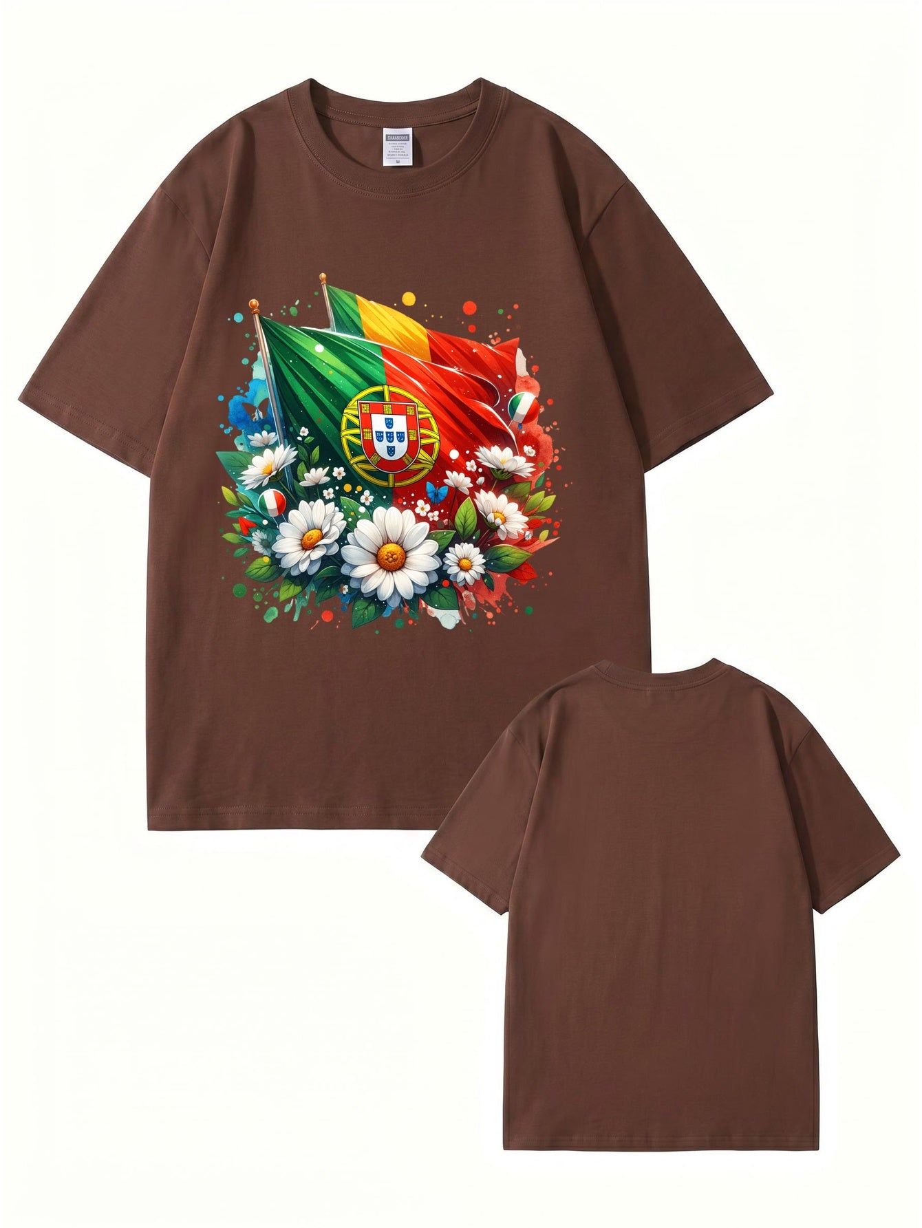 Portugal Flag & Floral Graphic Print Cotton T-Shirt