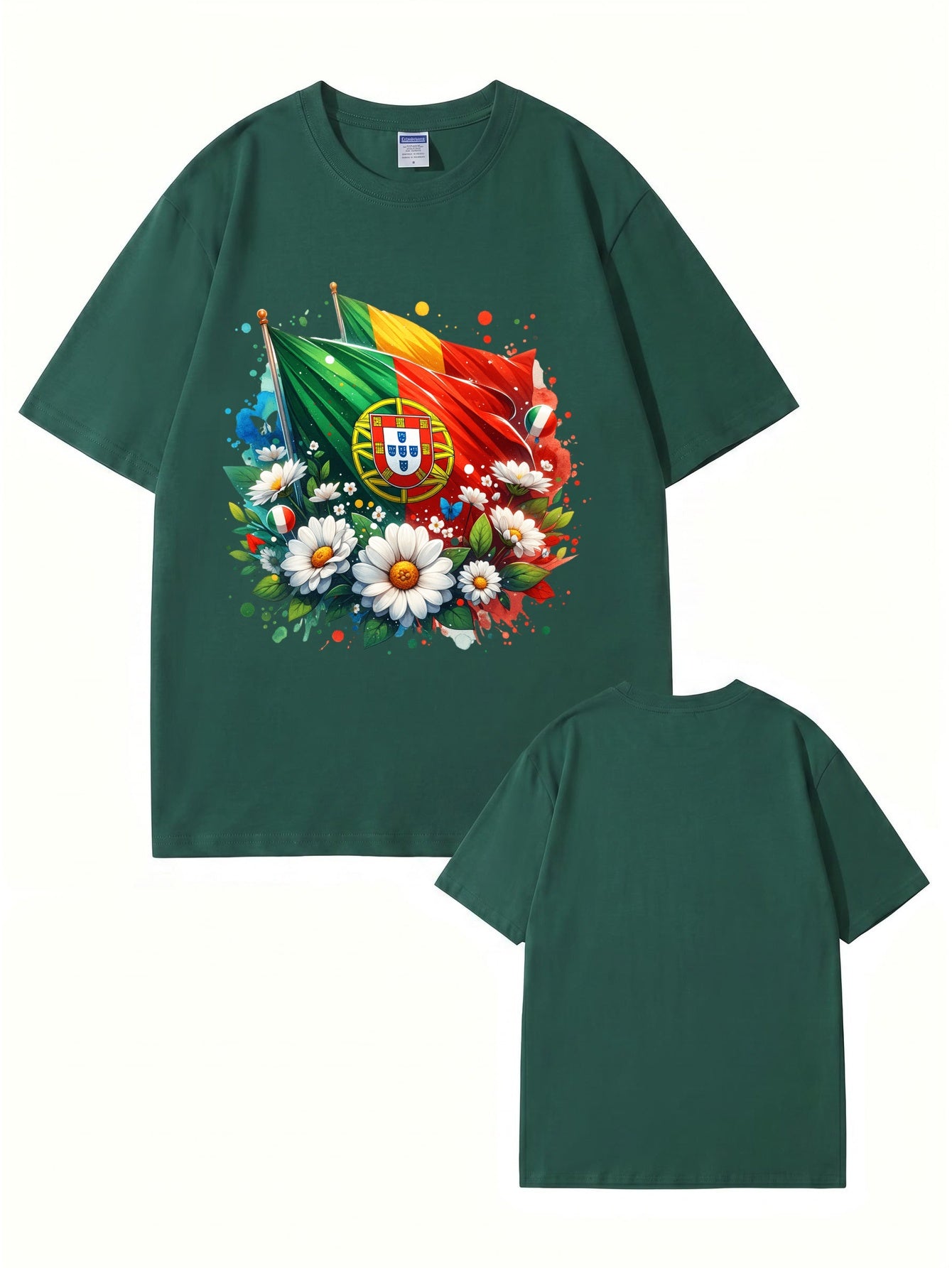 Portugal Flag & Floral Graphic Print Cotton T-Shirt