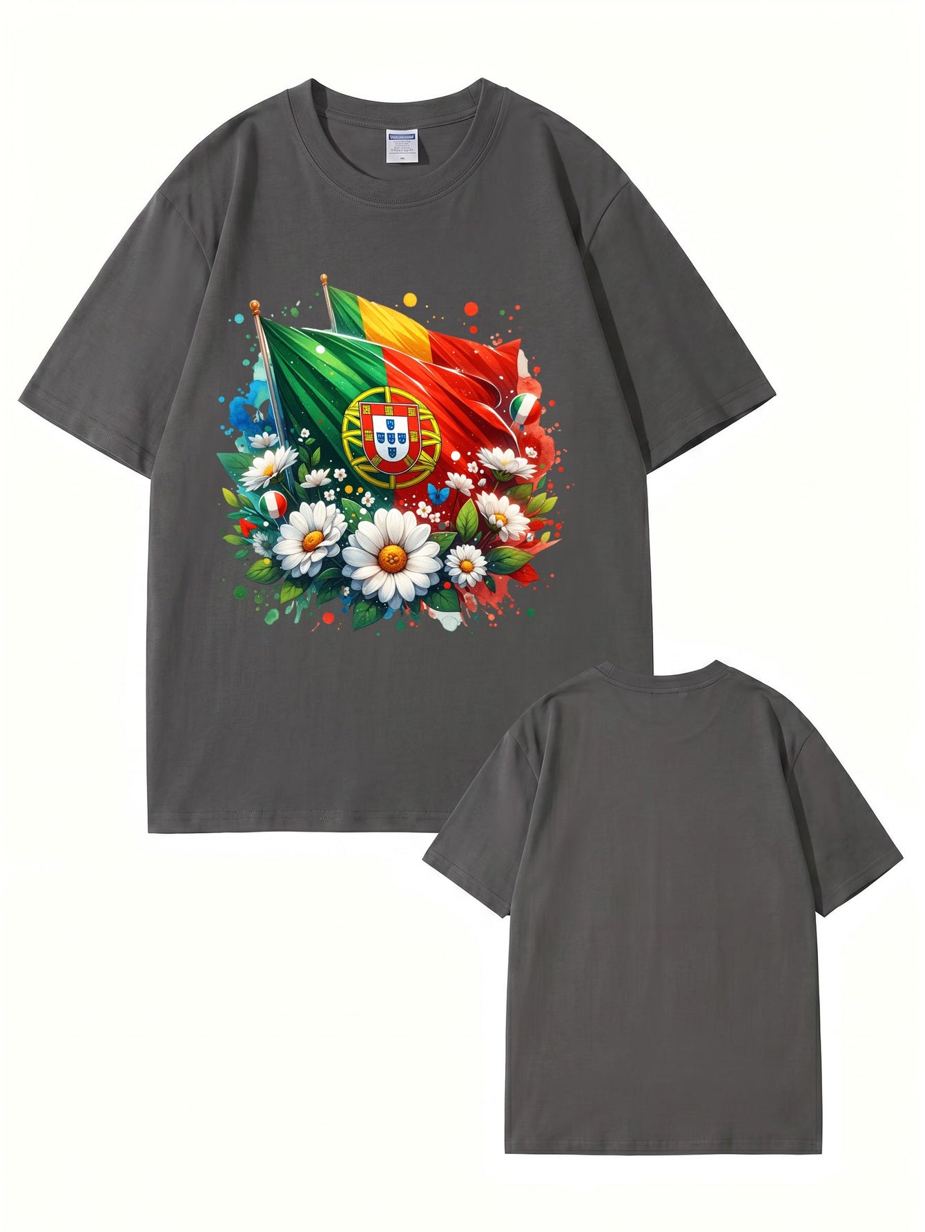 Portugal Flag & Floral Graphic Print Cotton T-Shirt