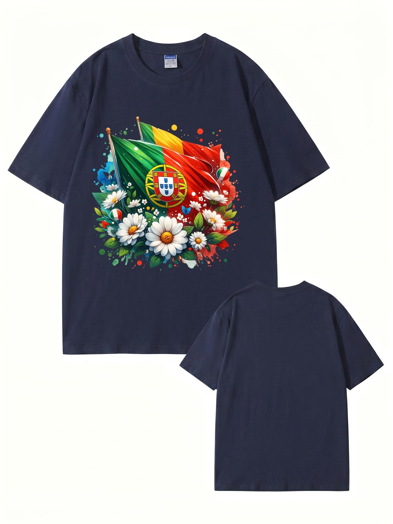 Portugal Flag & Floral Graphic Print Cotton T-Shirt