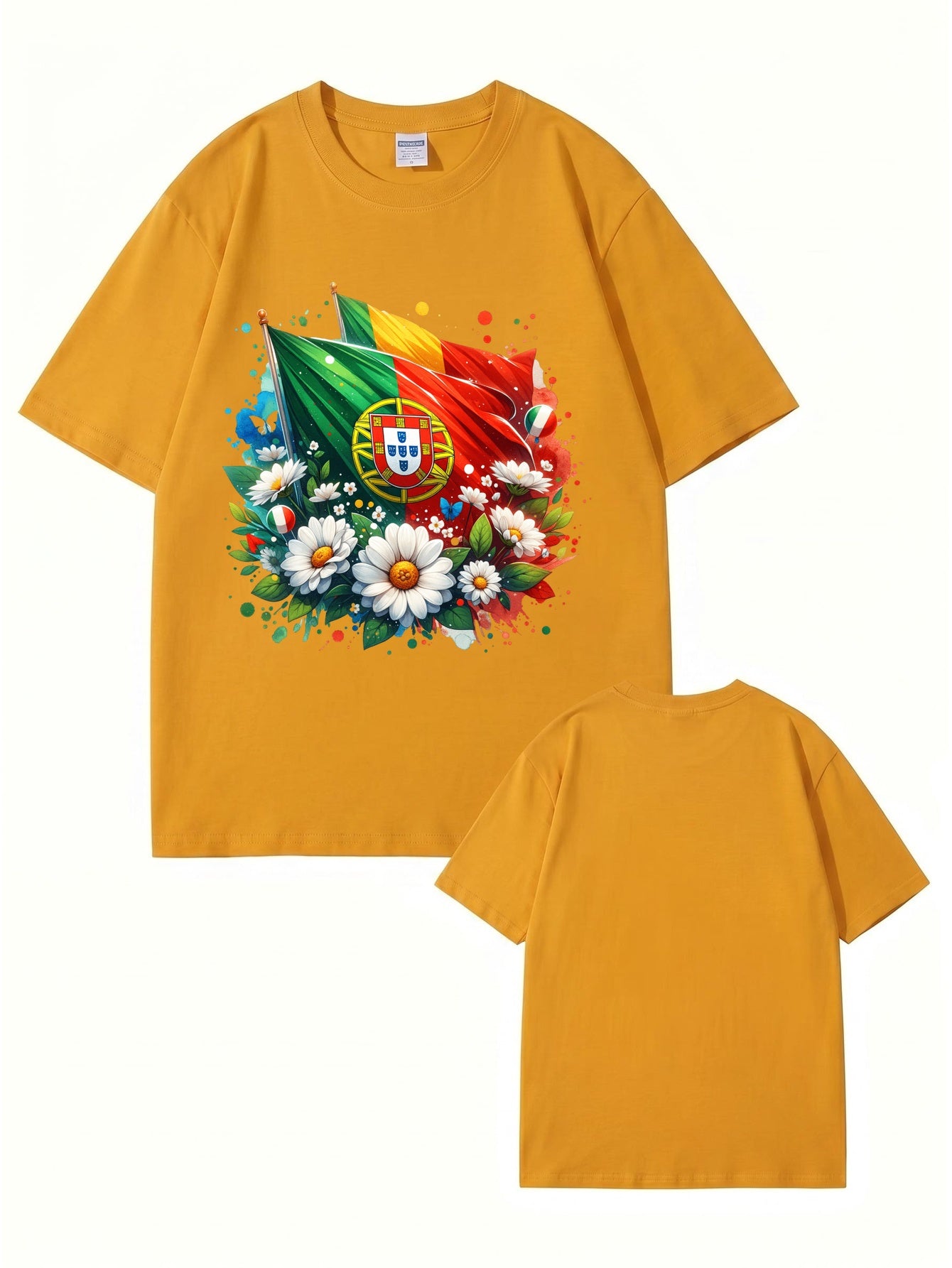 Portugal Flag & Floral Graphic Print Cotton T-Shirt