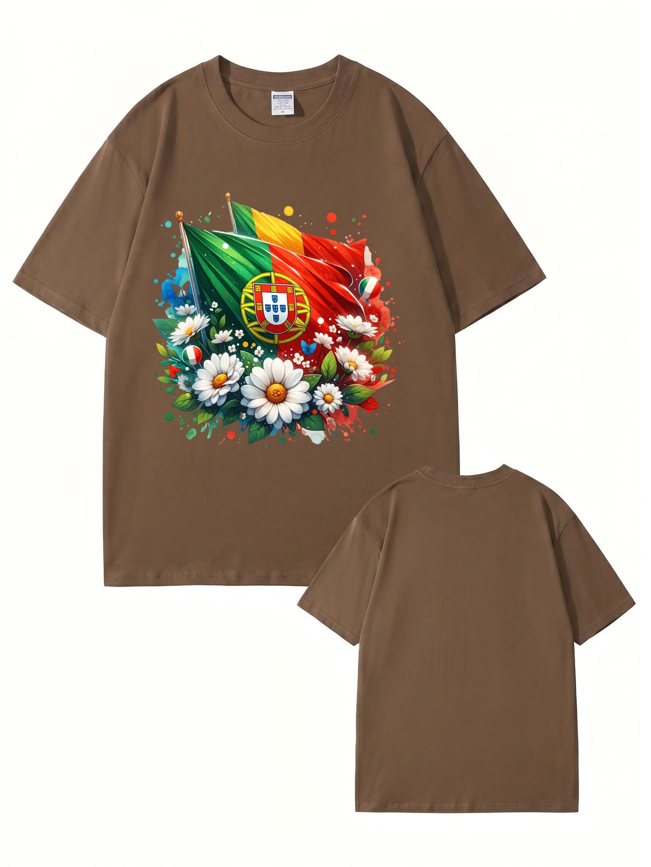 Portugal Flag & Floral Graphic Print Cotton T-Shirt