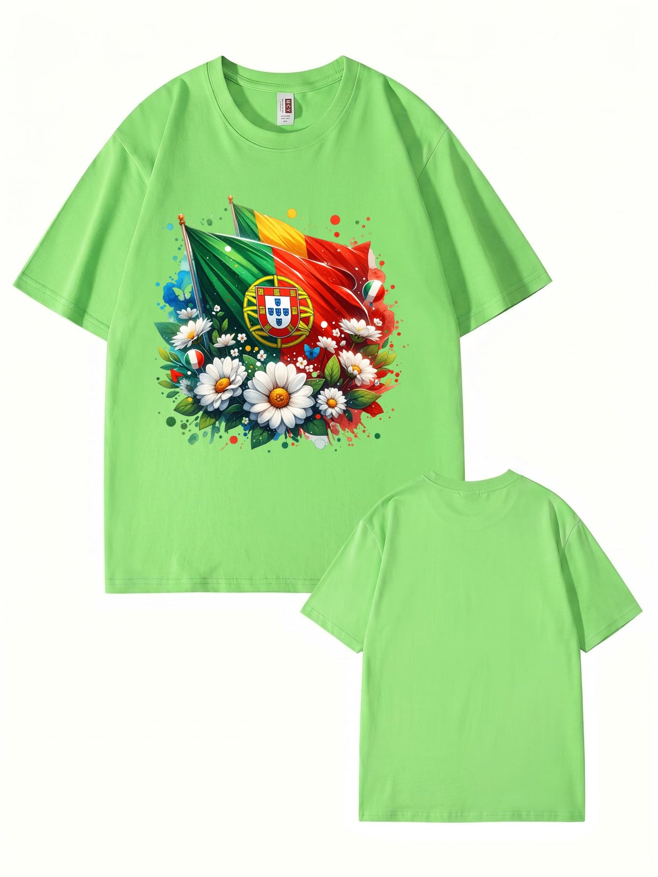 Portugal Flag & Floral Graphic Print Cotton T-Shirt