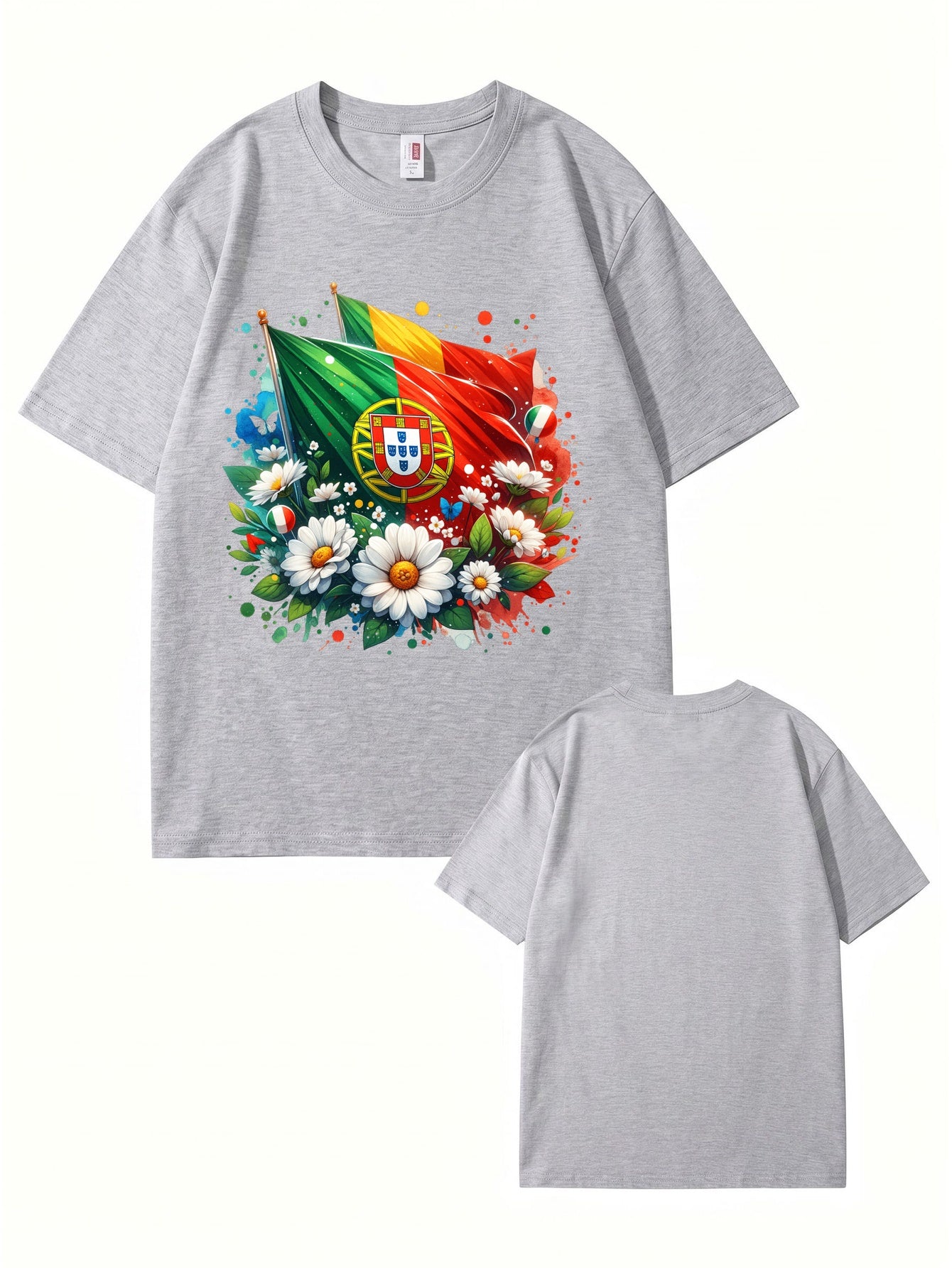 Portugal Flag & Floral Graphic Print Cotton T-Shirt