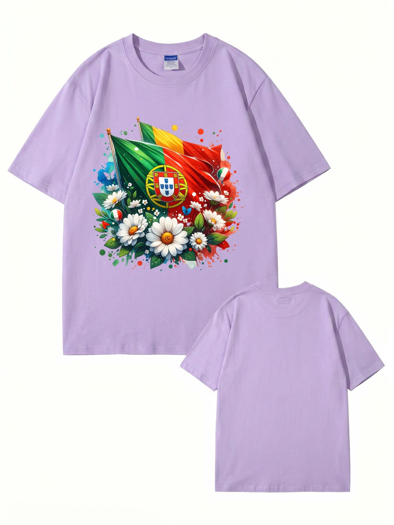 Portugal Flag & Floral Graphic Print Cotton T-Shirt