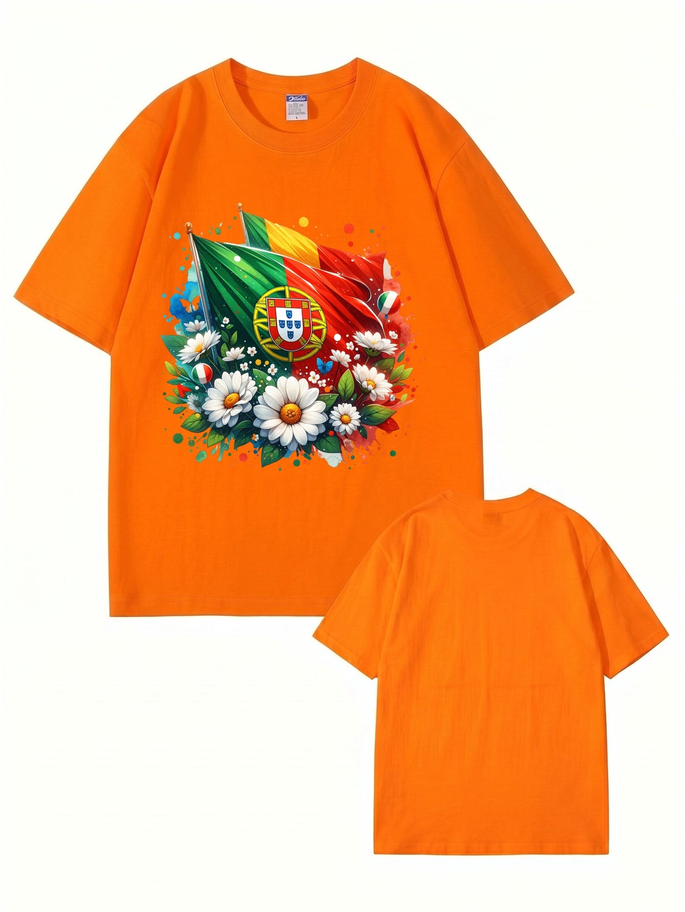 Portugal Flag & Floral Graphic Print Cotton T-Shirt