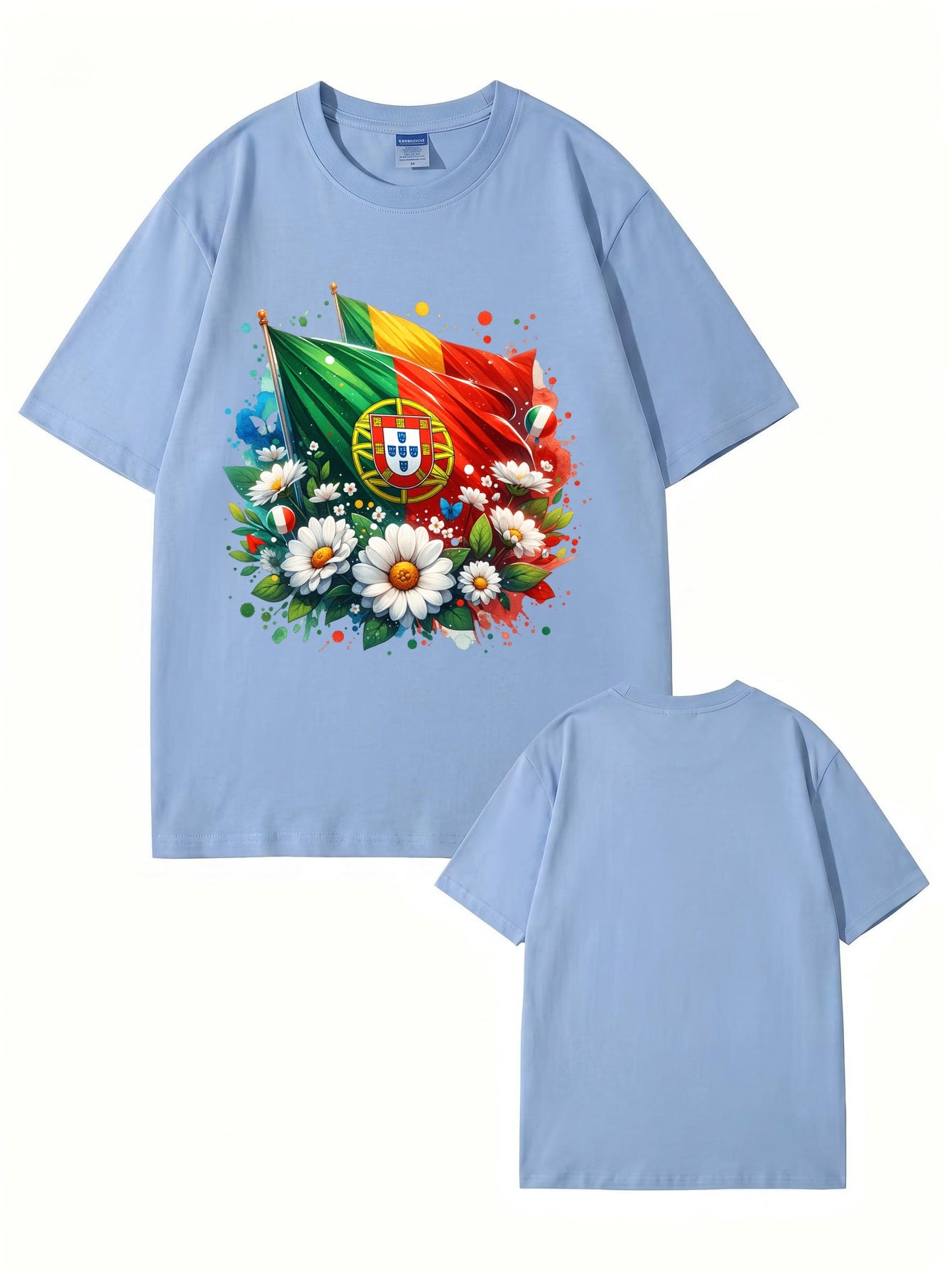 Portugal Flag & Floral Graphic Print Cotton T-Shirt