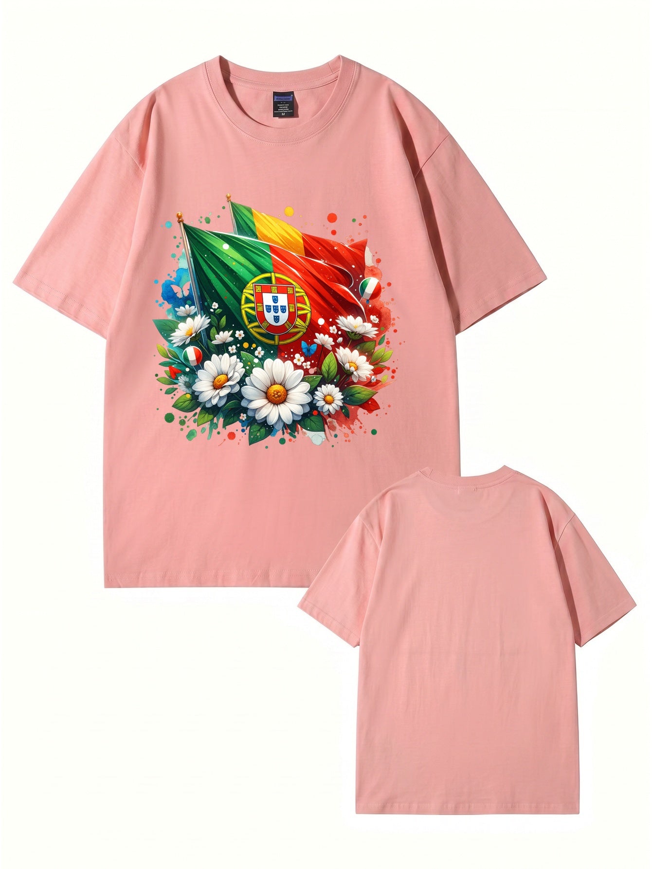 Portugal Flag & Floral Graphic Print Cotton T-Shirt