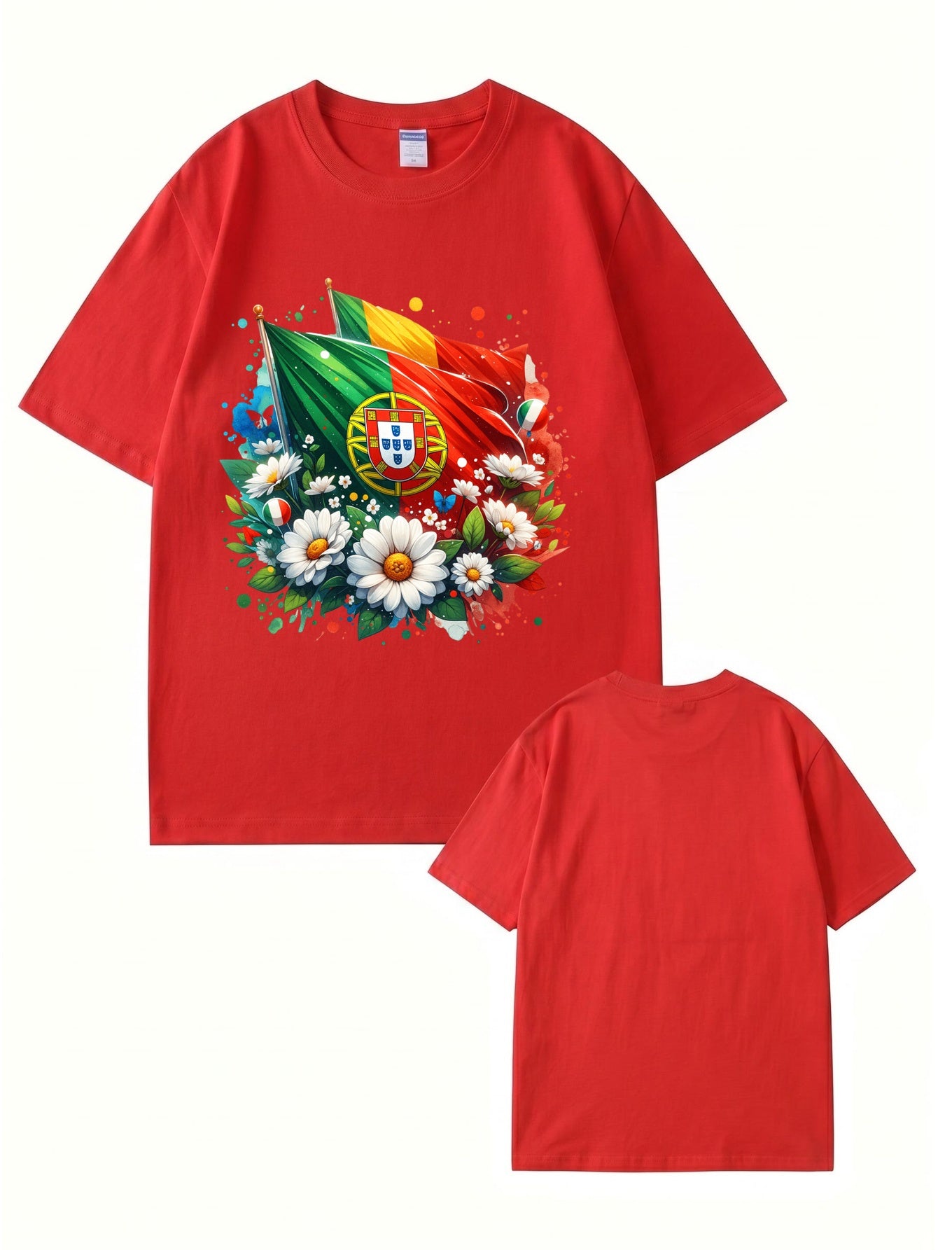 Portugal Flag & Floral Graphic Print Cotton T-Shirt