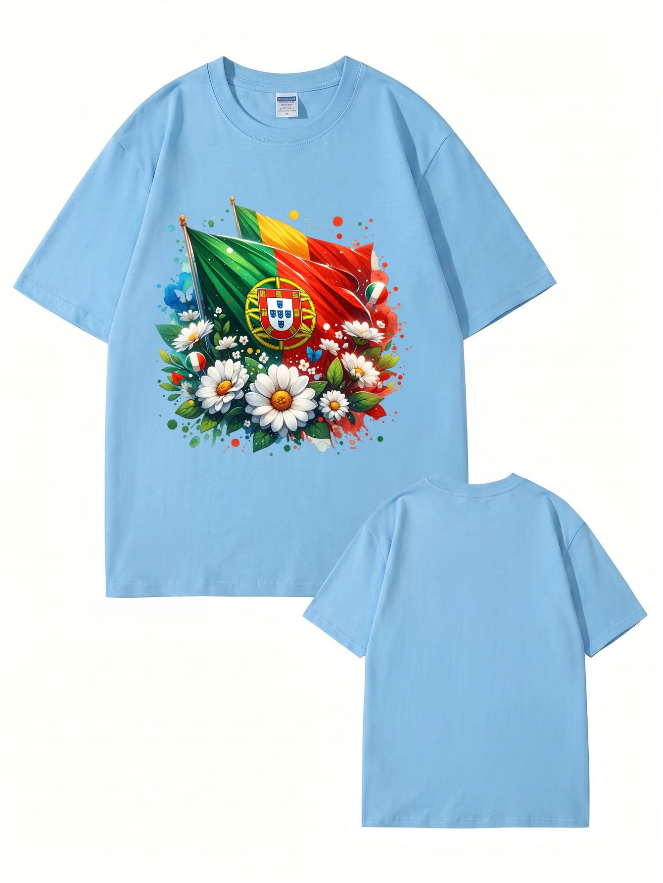 Portugal Flag & Floral Graphic Print Cotton T-Shirt