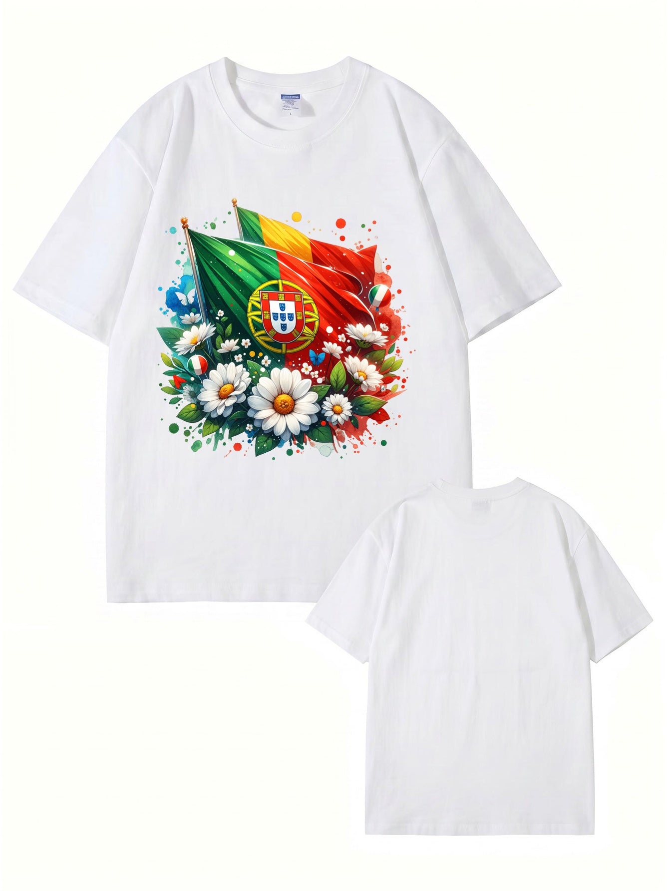 Portugal Flag & Floral Graphic Print Cotton T-Shirt