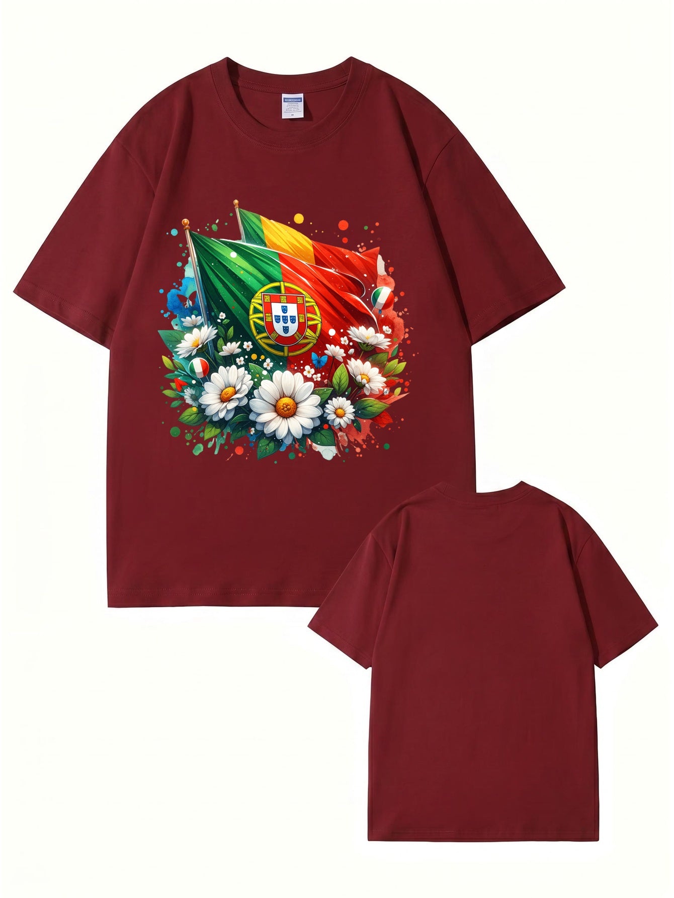 Portugal Flag & Floral Graphic Print Cotton T-Shirt