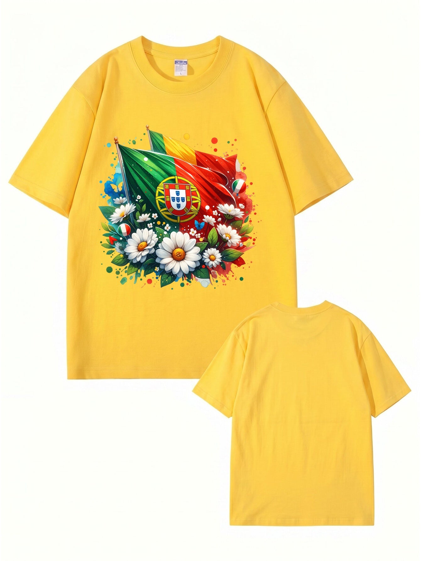 Portugal Flag & Floral Graphic Print Cotton T-Shirt