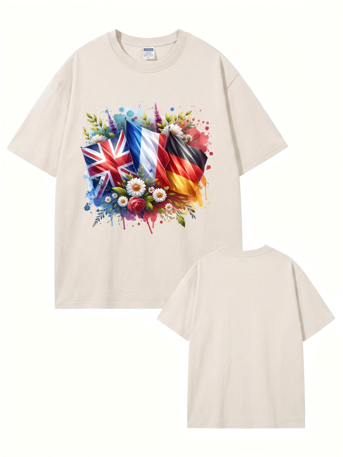 Vintage Washed Cotton T-Shirt with UK, France, Germany Flag Floral Print