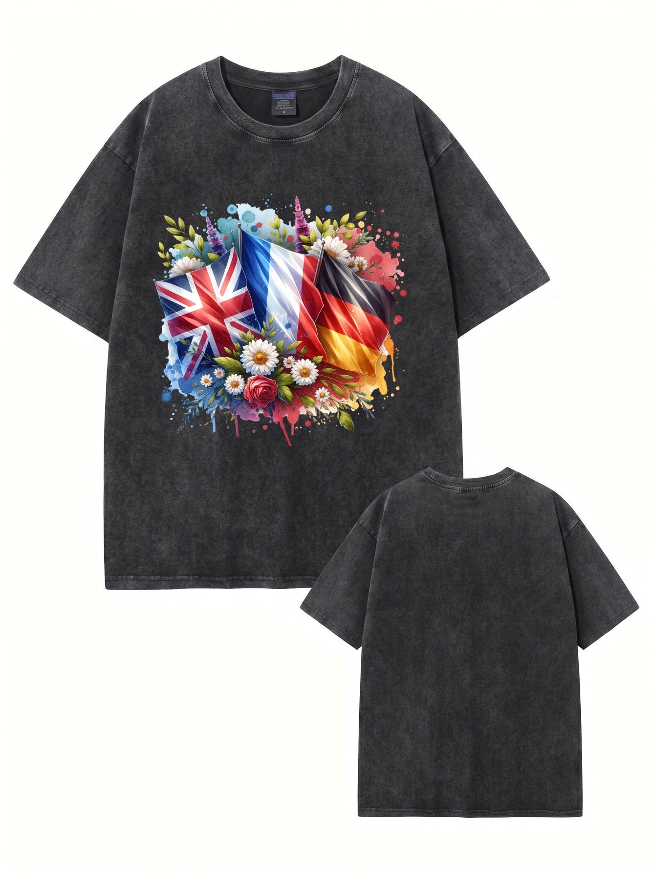 Vintage Washed Cotton T-Shirt with UK, France, Germany Flag Floral Print