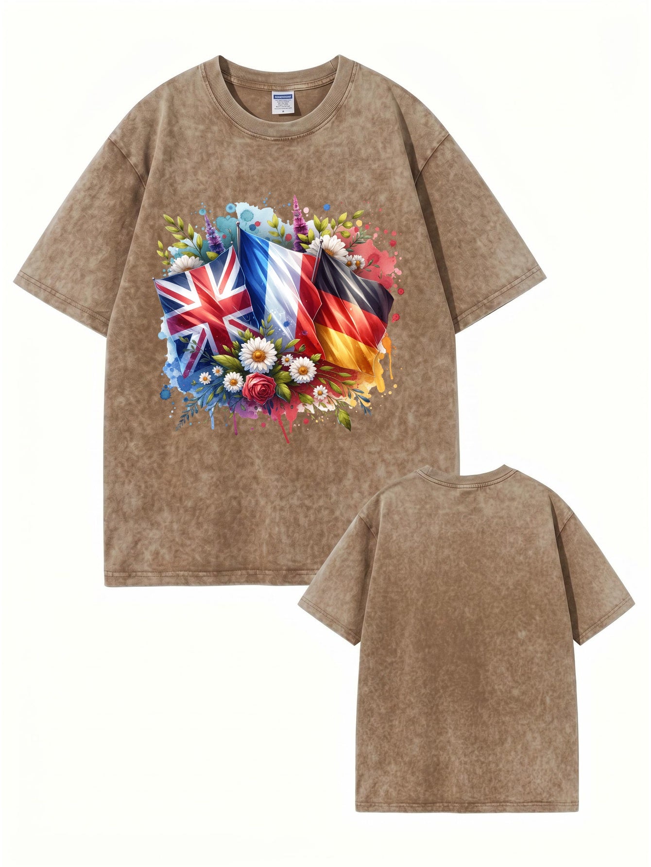 Vintage Washed Cotton T-Shirt with UK, France, Germany Flag Floral Print