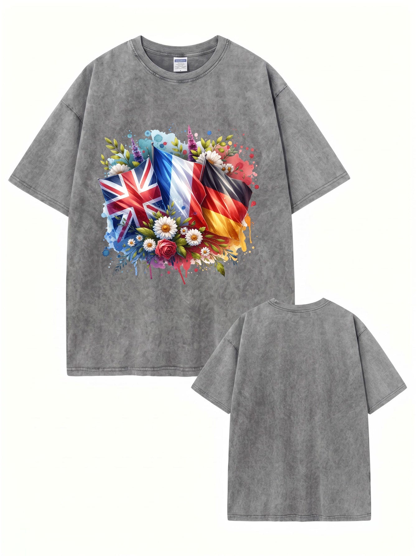 Vintage Washed Cotton T-Shirt with UK, France, Germany Flag Floral Print