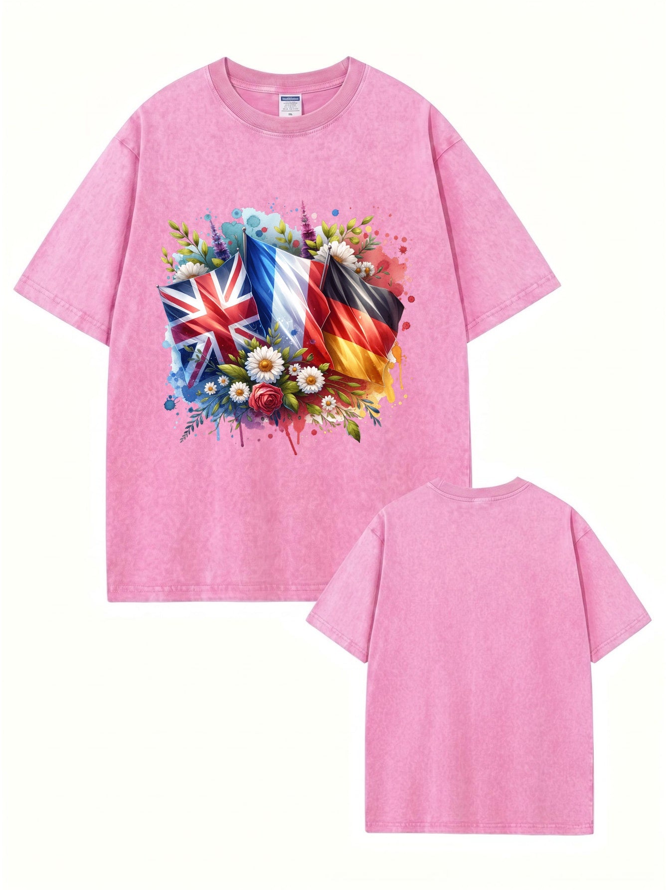 Vintage Washed Cotton T-Shirt with UK, France, Germany Flag Floral Print