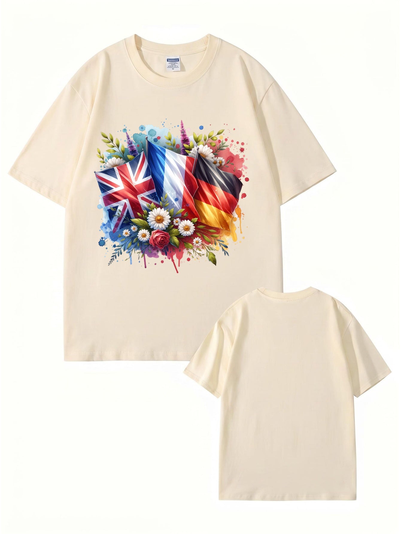 International Flags & Floral Art Print T-Shirt - Premium 200gsm Cotton Tee