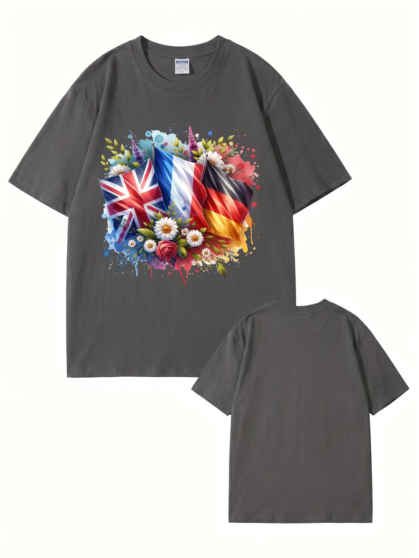 International Flags & Floral Art Print T-Shirt - Premium 200gsm Cotton Tee