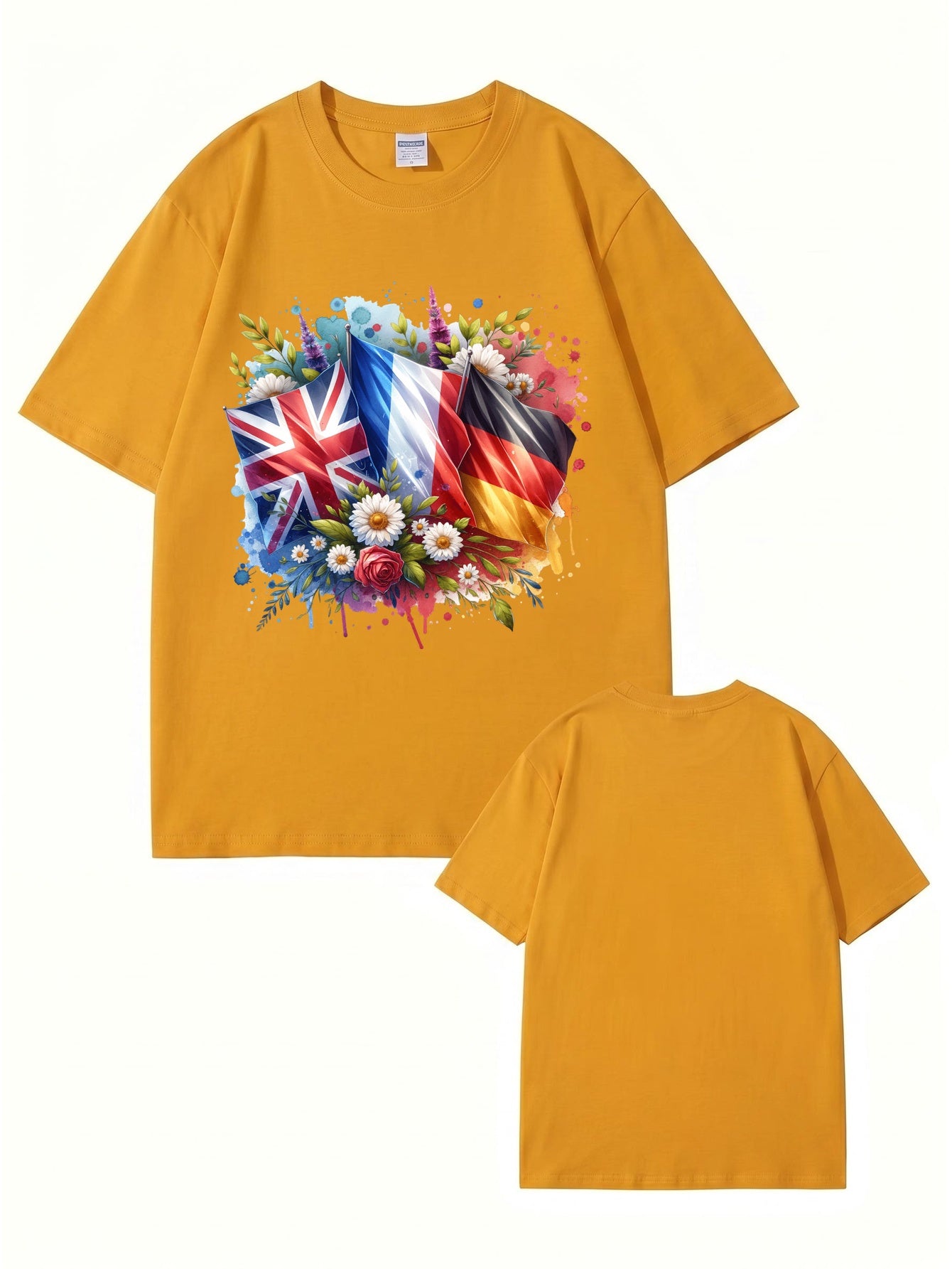 International Flags & Floral Art Print T-Shirt - Premium 200gsm Cotton Tee