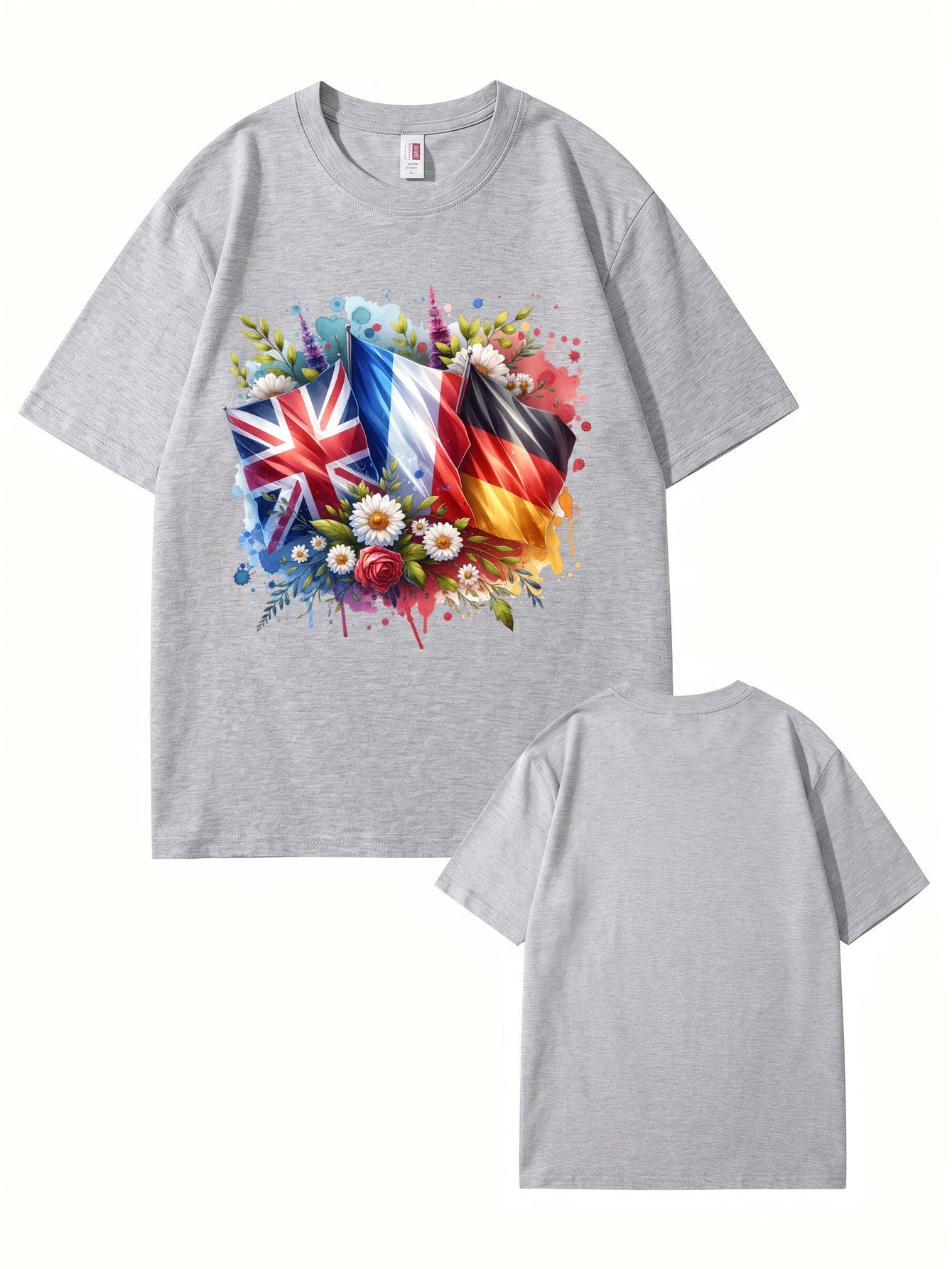 International Flags & Floral Art Print T-Shirt - Premium 200gsm Cotton Tee
