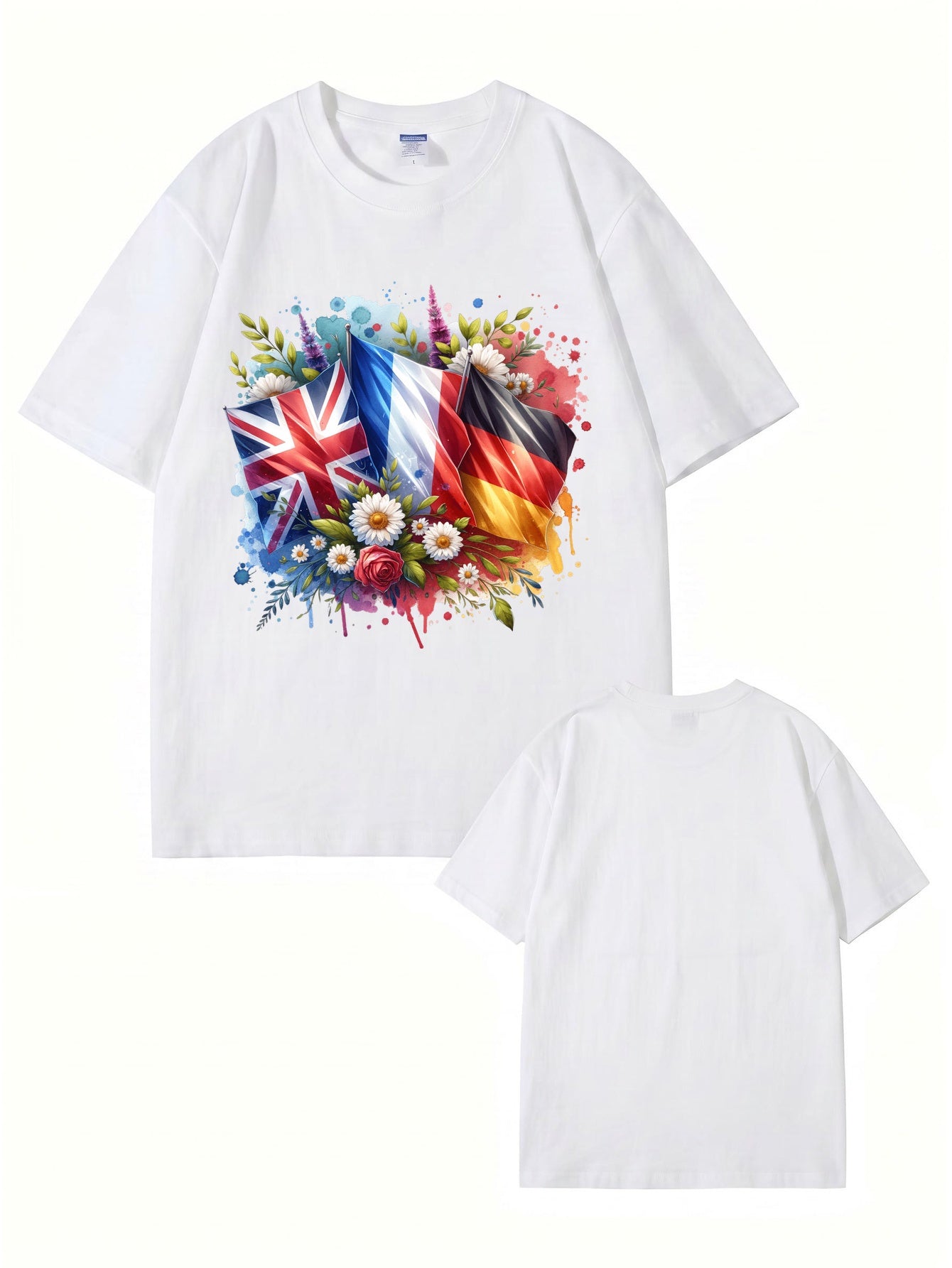 International Flags & Floral Art Print T-Shirt - Premium 200gsm Cotton Tee