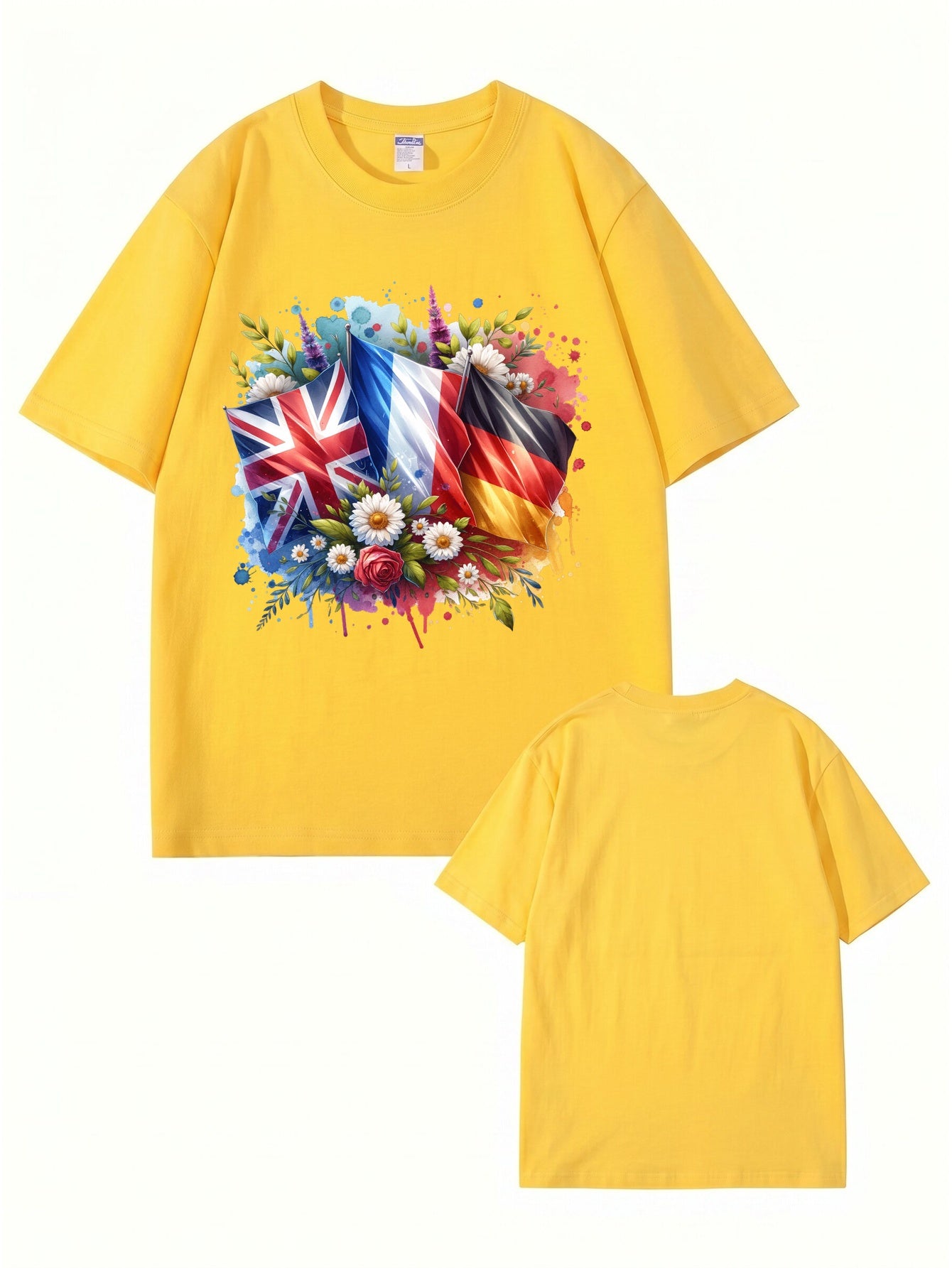 International Flags & Floral Art Print T-Shirt - Premium 200gsm Cotton Tee