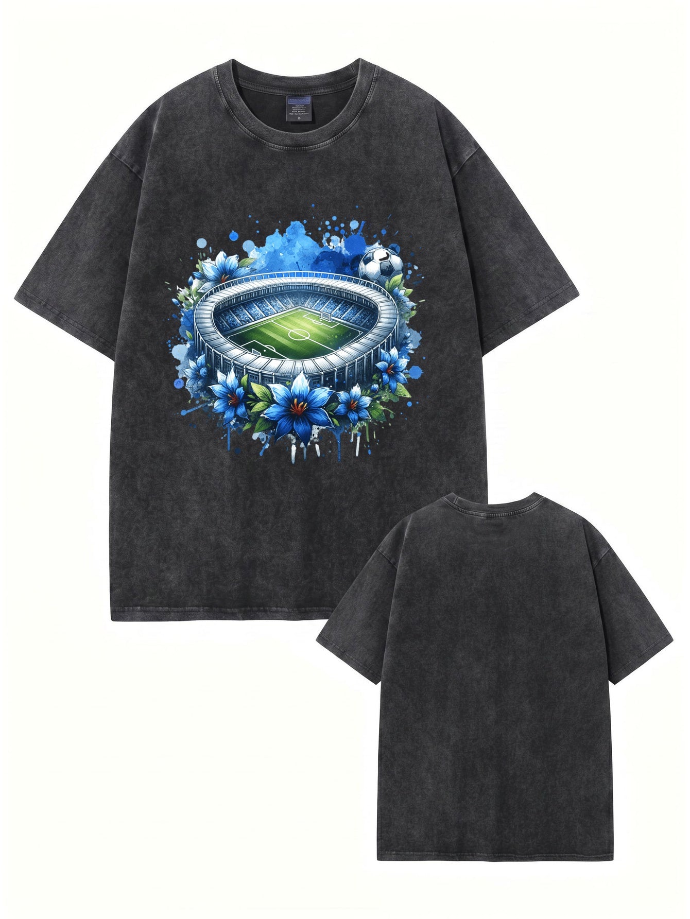 Vintage Washed Graphic T-Shirt - Soccer Stadium Floral Print Tee