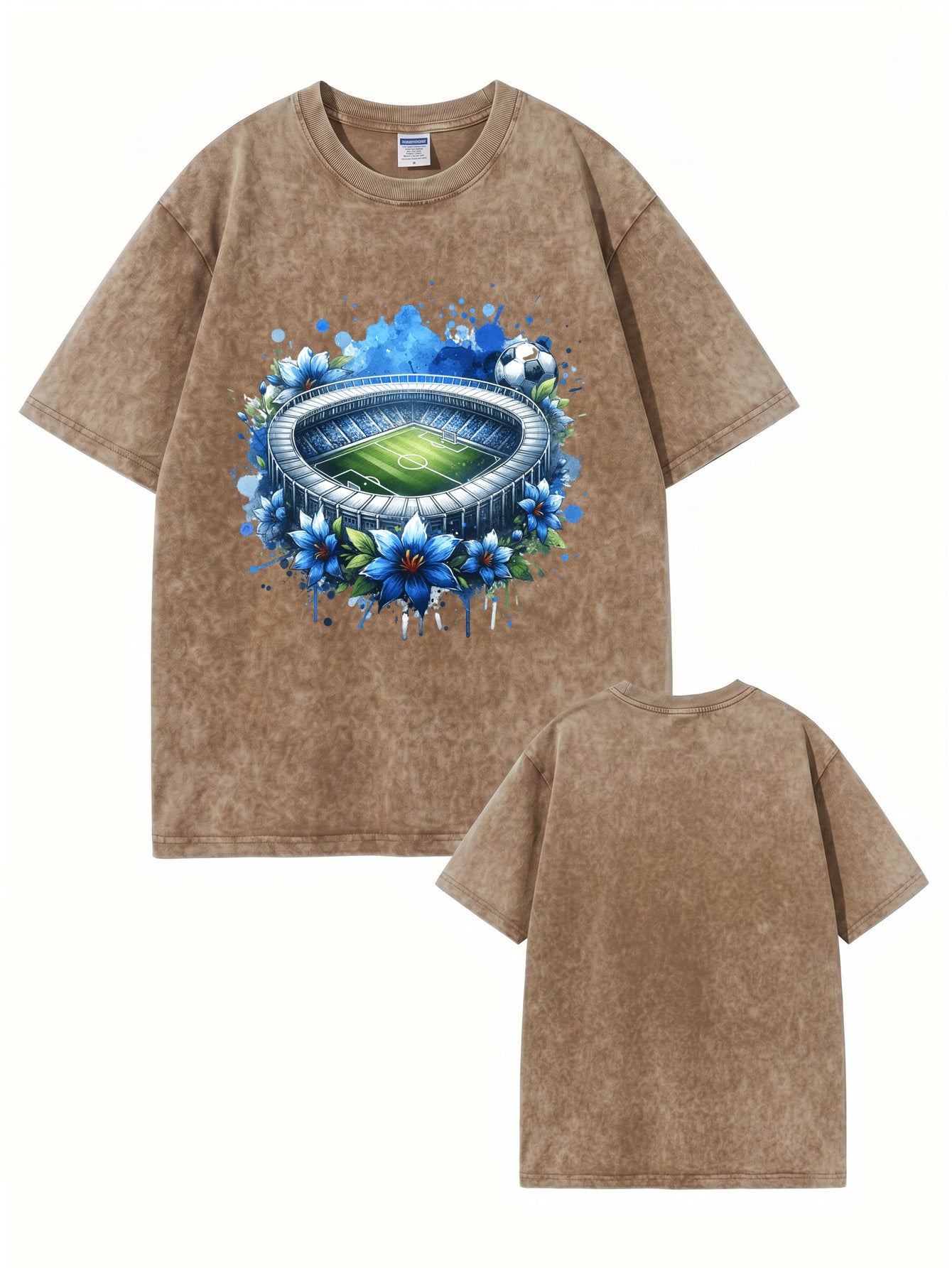 Vintage Washed Graphic T-Shirt - Soccer Stadium Floral Print Tee