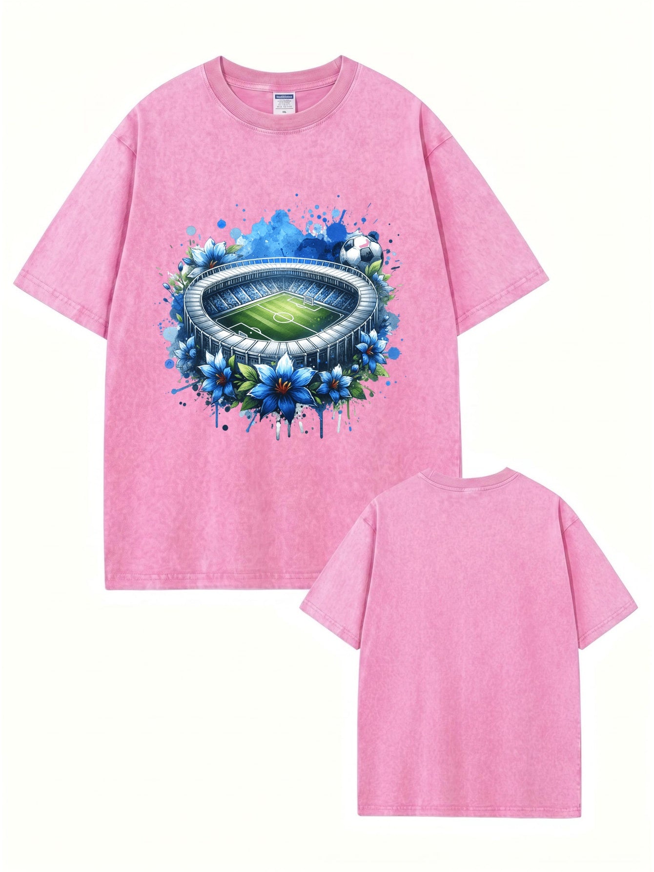 Vintage Washed Graphic T-Shirt - Soccer Stadium Floral Print Tee