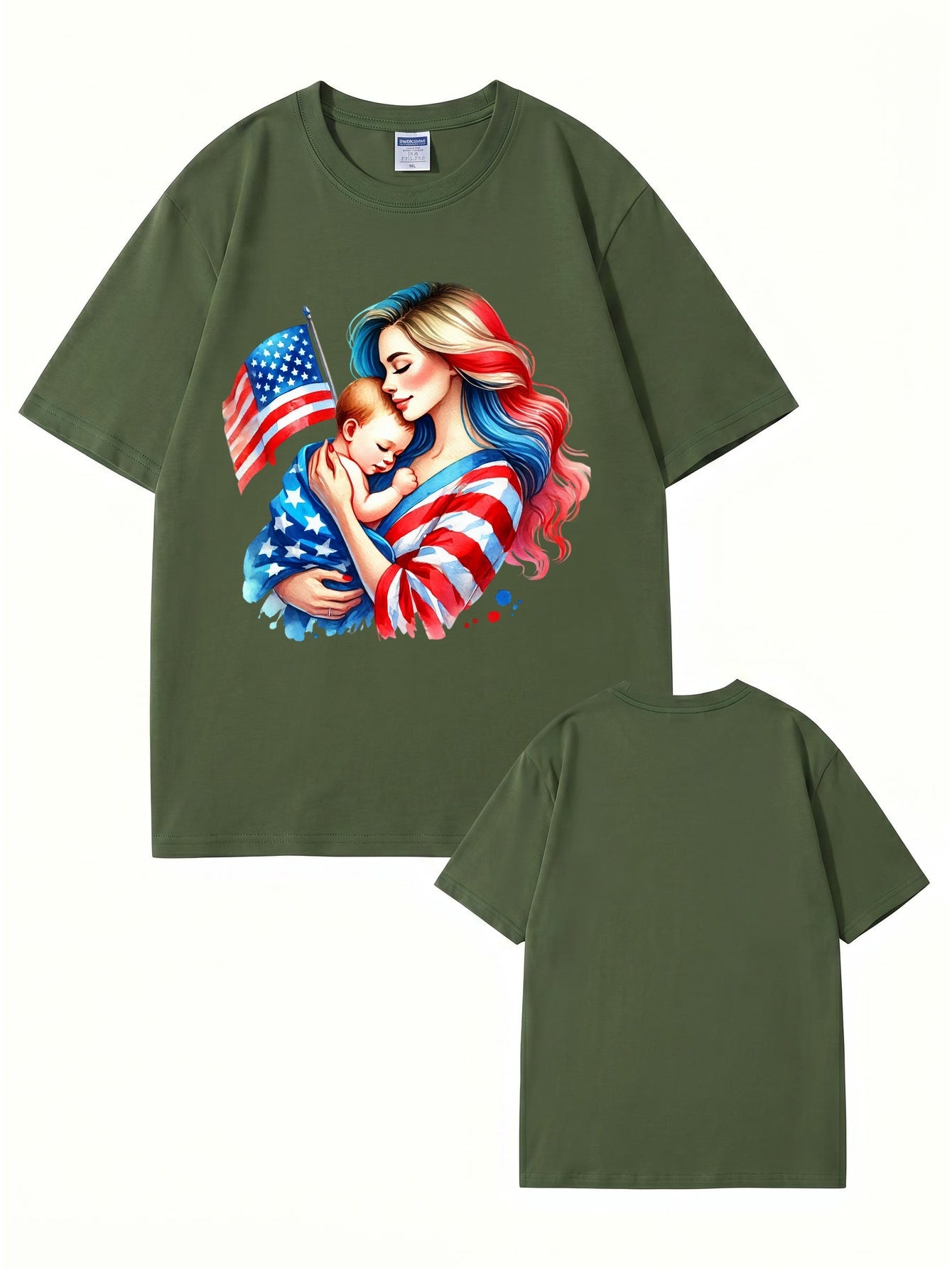American Flag Mom and Baby Graphic T-Shirt | Patriotic Motherhood Tee