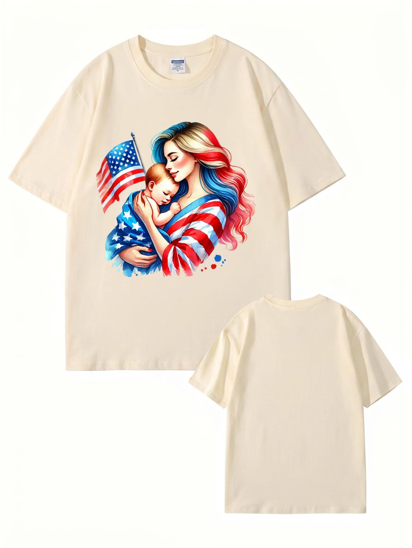 American Flag Mom and Baby Graphic T-Shirt | Patriotic Motherhood Tee