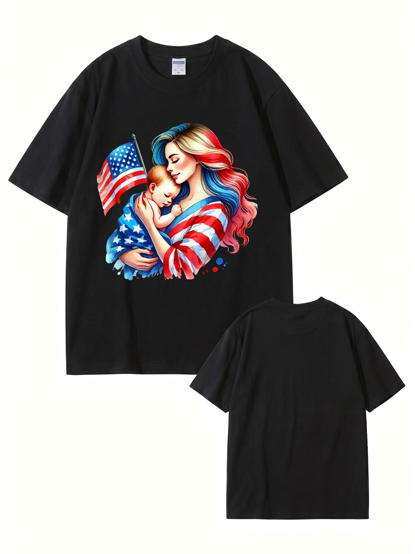 American Flag Mom and Baby Graphic T-Shirt | Patriotic Motherhood Tee
