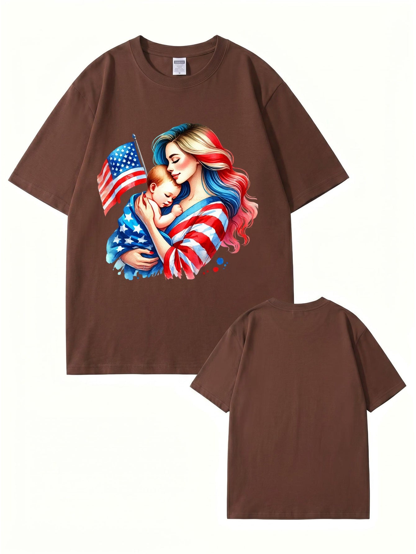 American Flag Mom and Baby Graphic T-Shirt | Patriotic Motherhood Tee