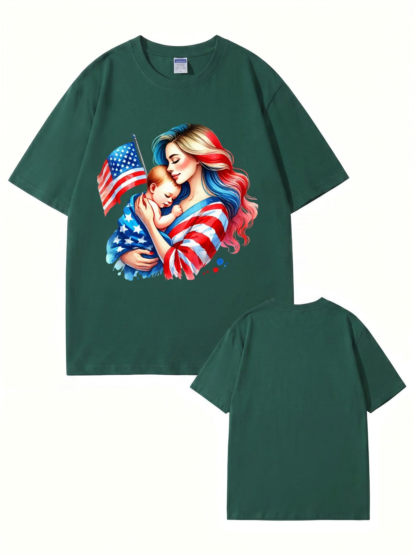 American Flag Mom and Baby Graphic T-Shirt | Patriotic Motherhood Tee