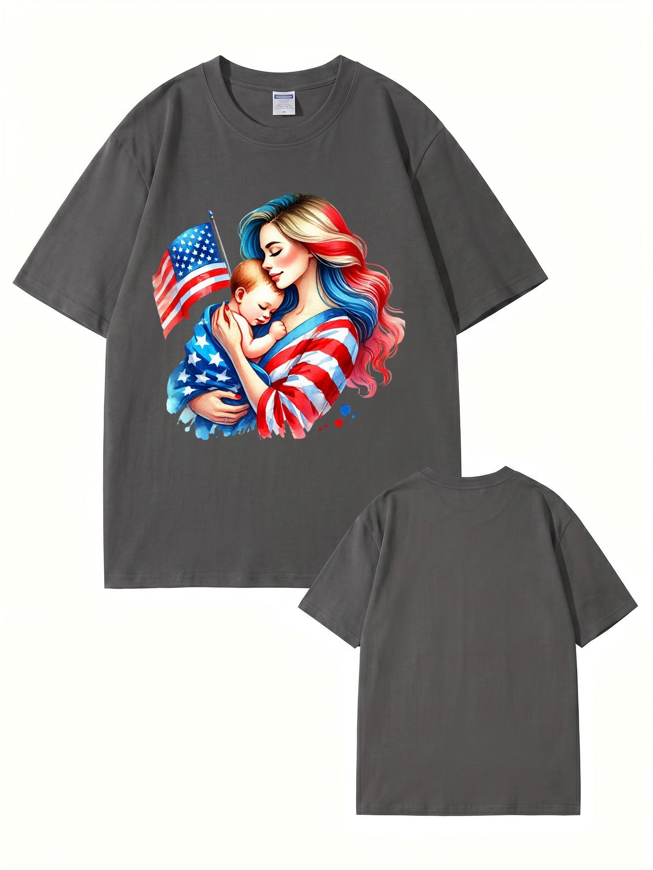 American Flag Mom and Baby Graphic T-Shirt | Patriotic Motherhood Tee