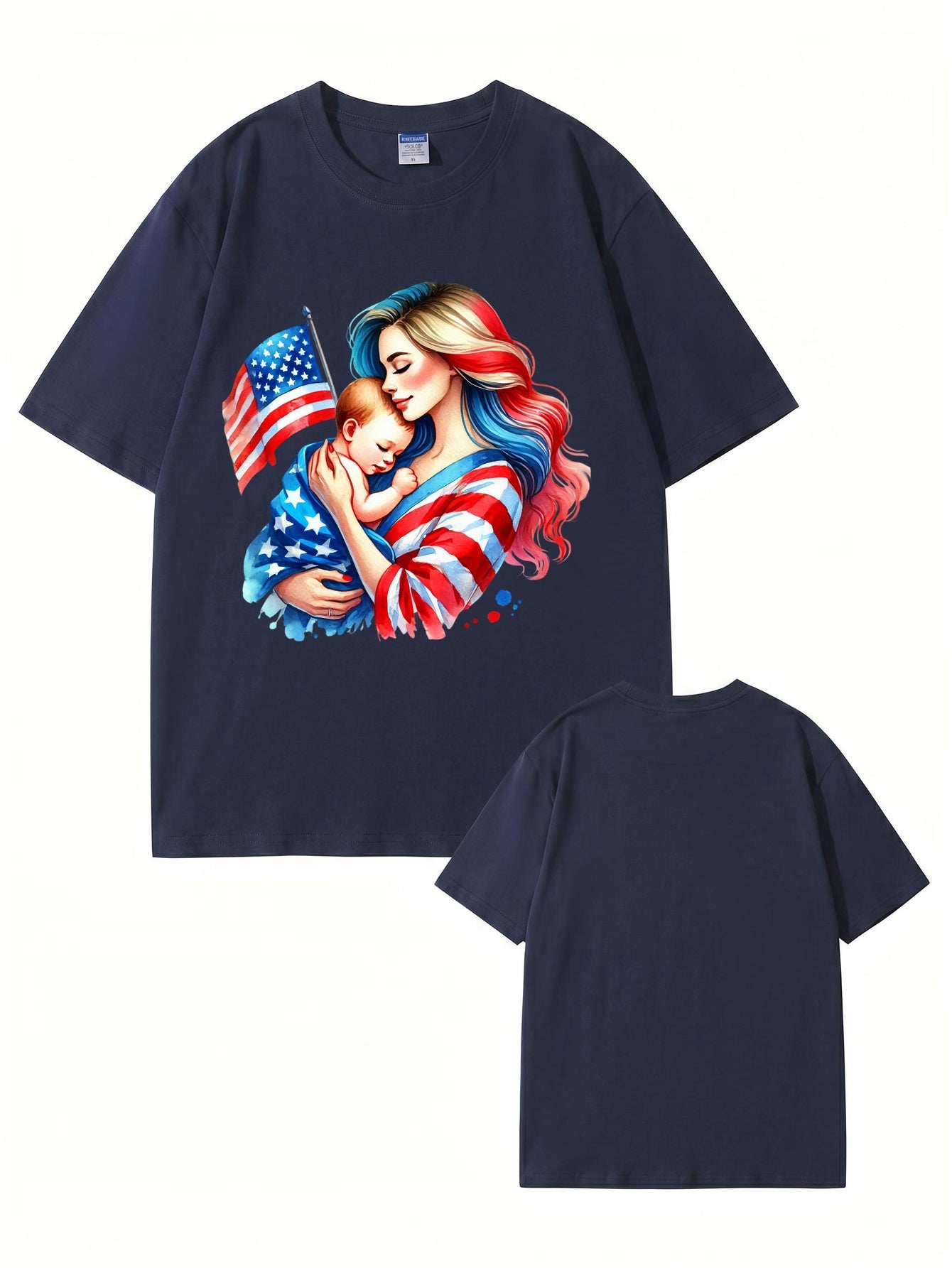 American Flag Mom and Baby Graphic T-Shirt | Patriotic Motherhood Tee